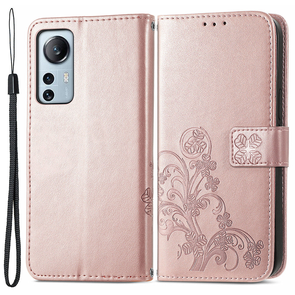 For Xiaomi 12 Lite 5G Shockproof Four-leaf Clover Imprinted Phone Case Stand PU Leather Flip Phone Wallet Cover with Wrist Strap