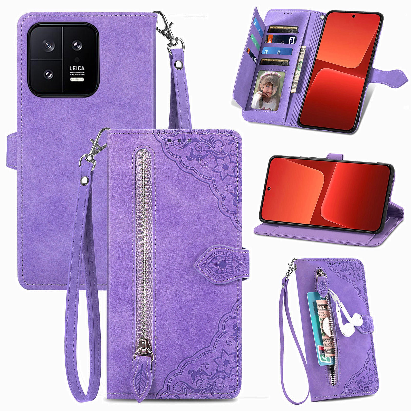 For Xiaomi 13 5G Stand Wallet Protective PU Leather Phone Case Flower Imprinted Pattern Zipper Pocket Cell Phone Cover