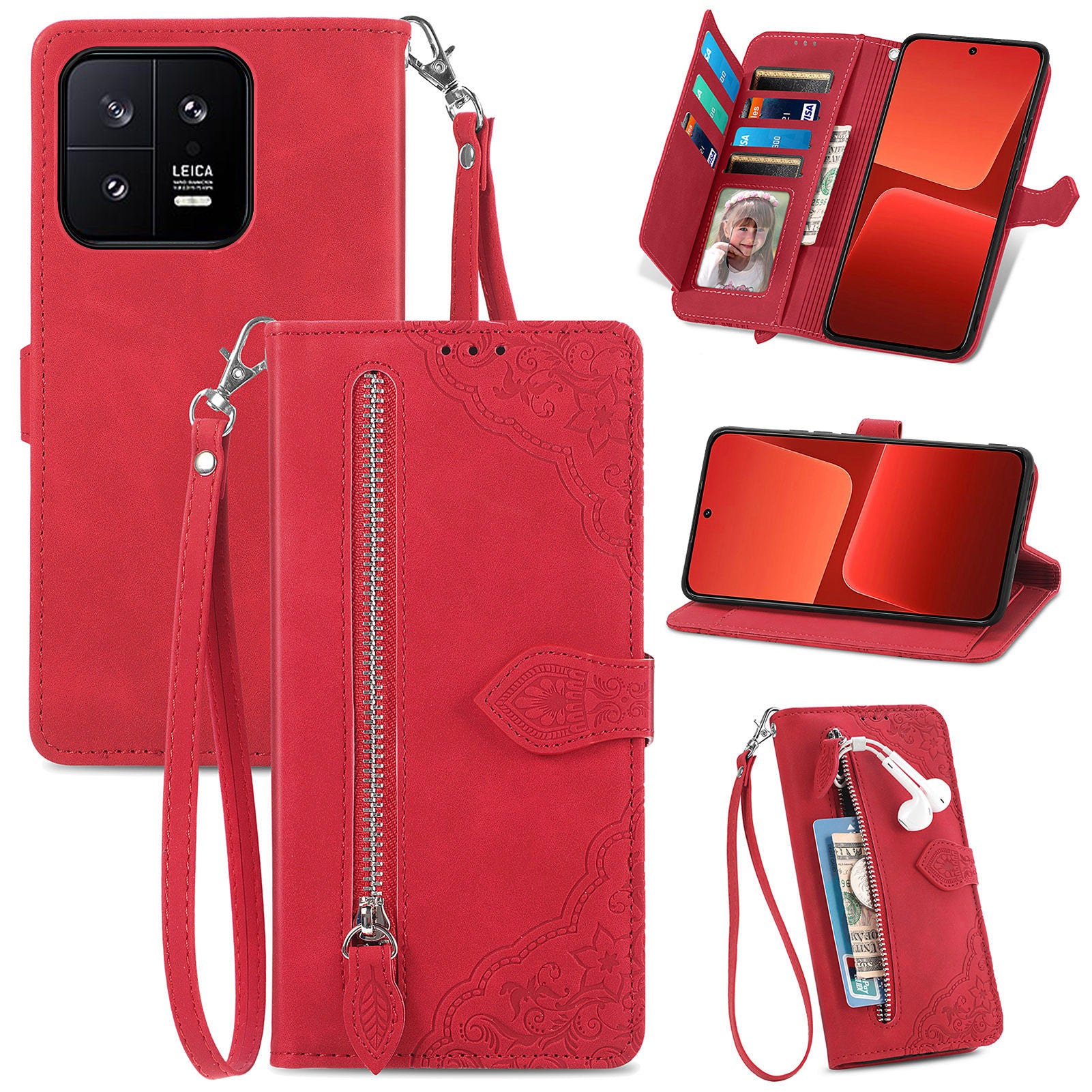 For Xiaomi 13 5G Stand Wallet Protective PU Leather Phone Case Flower Imprinted Pattern Zipper Pocket Cell Phone Cover
