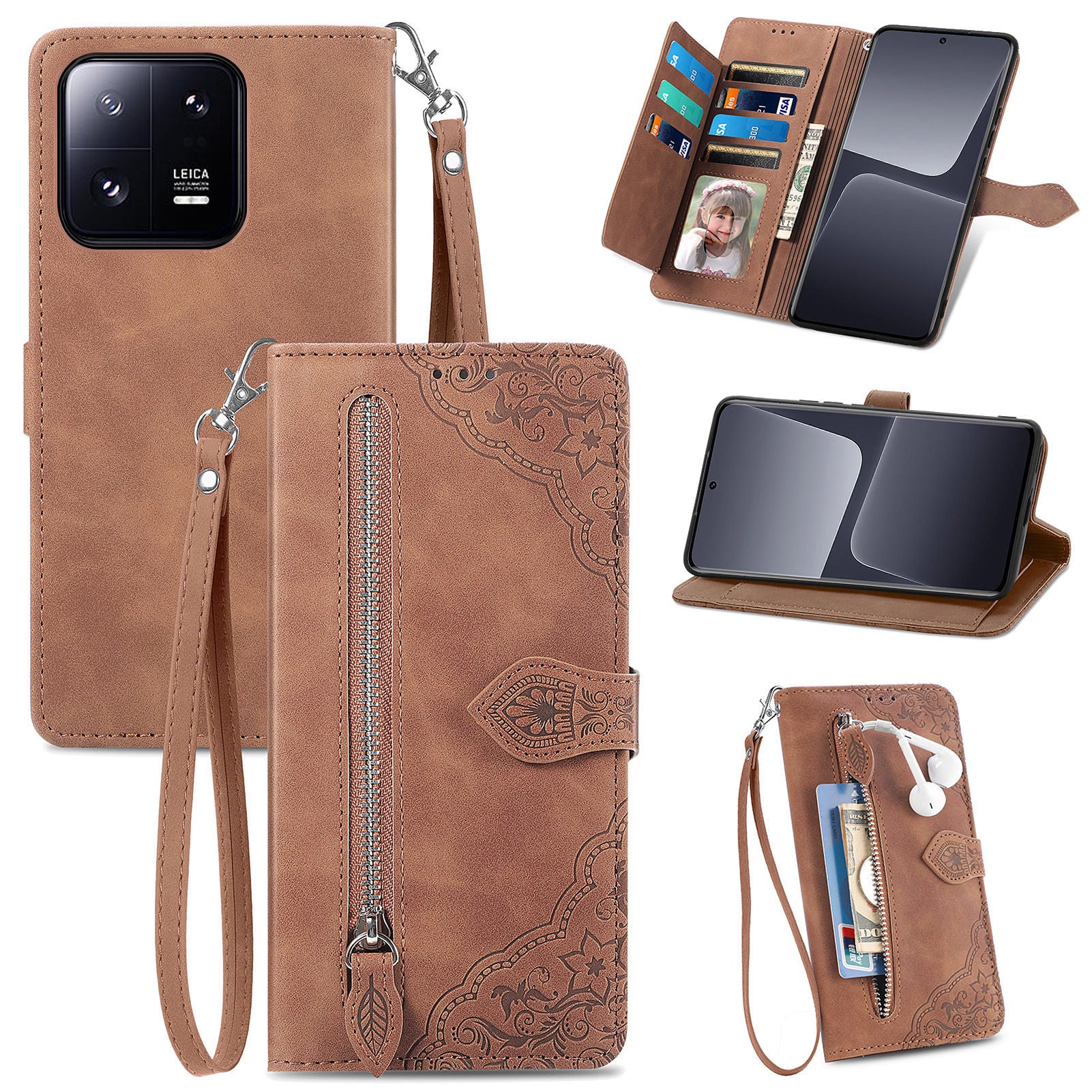 Zipper Pocket Phone Cover For Xiaomi 13 Pro 5G Flower Imprinted Pattern Stand Flip Leather Wallet Anti-scratch Phone Case