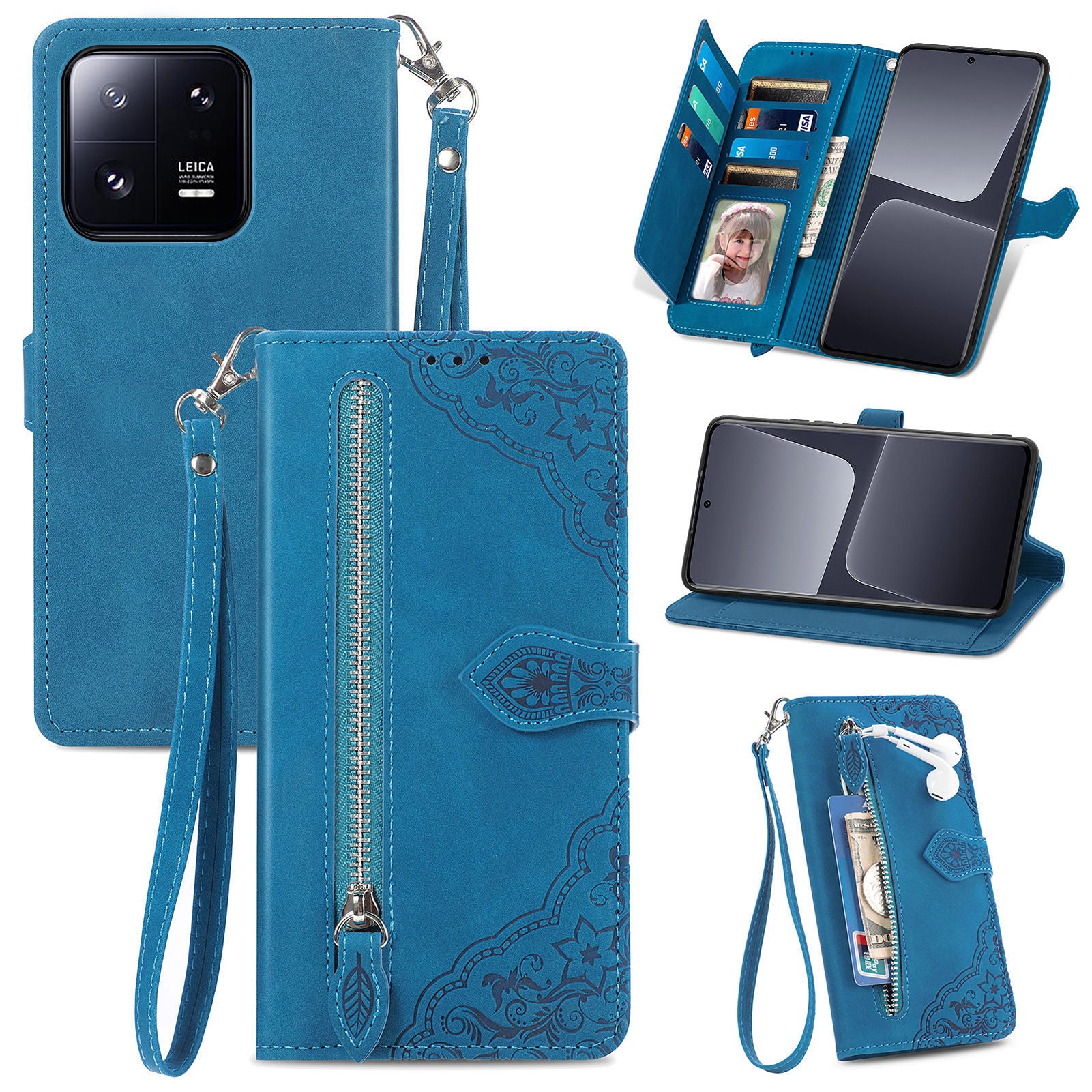 Zipper Pocket Phone Cover For Xiaomi 13 Pro 5G Flower Imprinted Pattern Stand Flip Leather Wallet Anti-scratch Phone Case