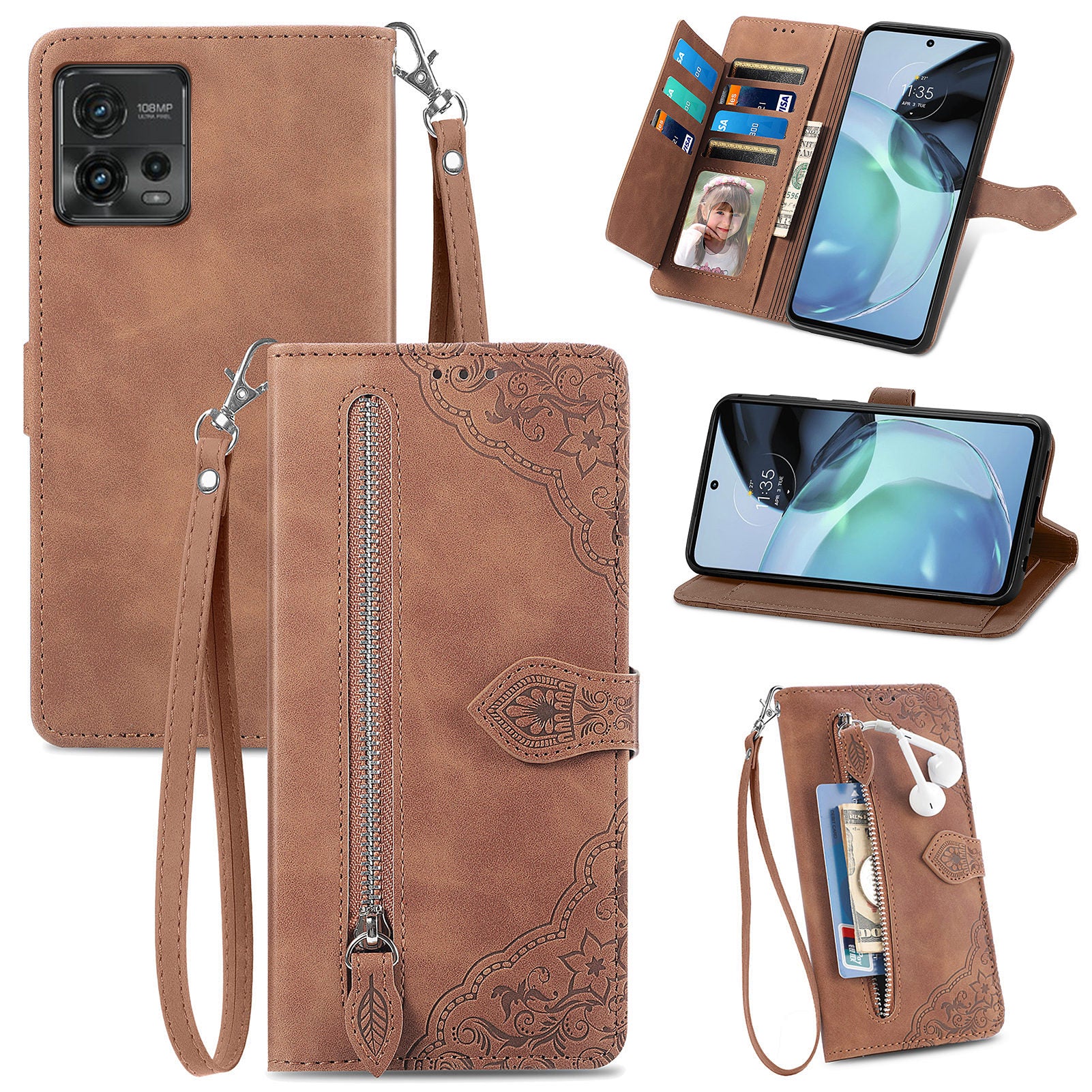 Pro Motorola Moto G72 4G Květinový vzor s potiskem Kapsa na zip Kryt mobilního telefonu Stojánek Nárazuvzdorný Flip Kožená Peněženka