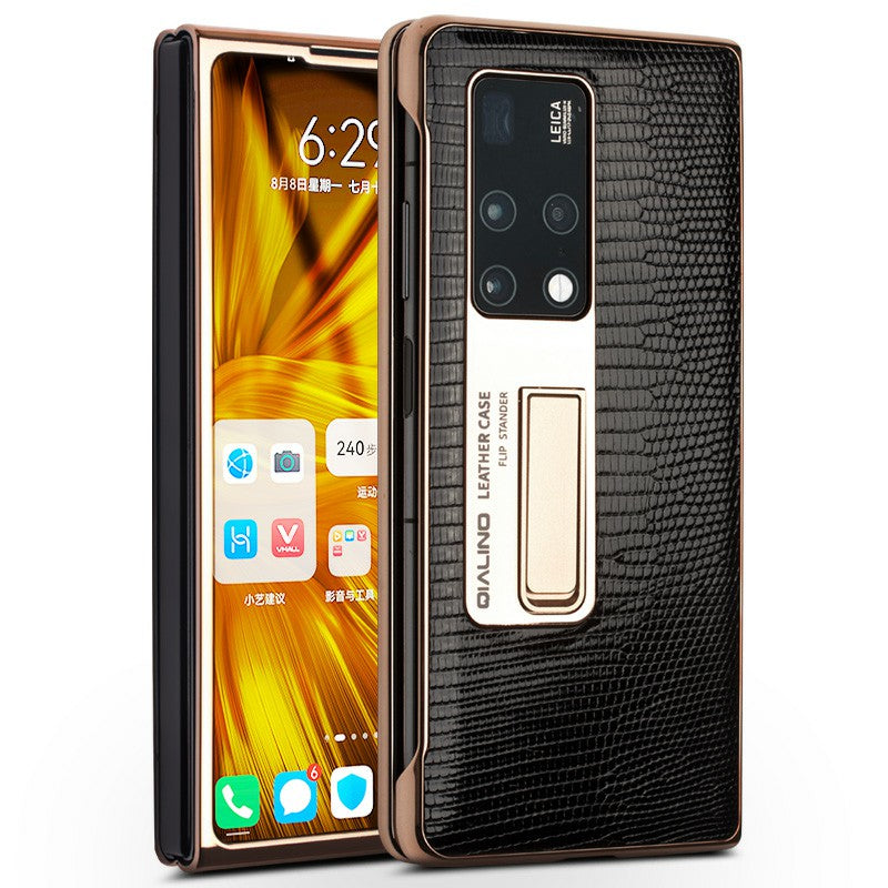 QIALINO Lizard Genuine Leather Phone Case for Huawei Mate X2 Hard PC View Window Folding Phone Cover with Tempered Glass Film