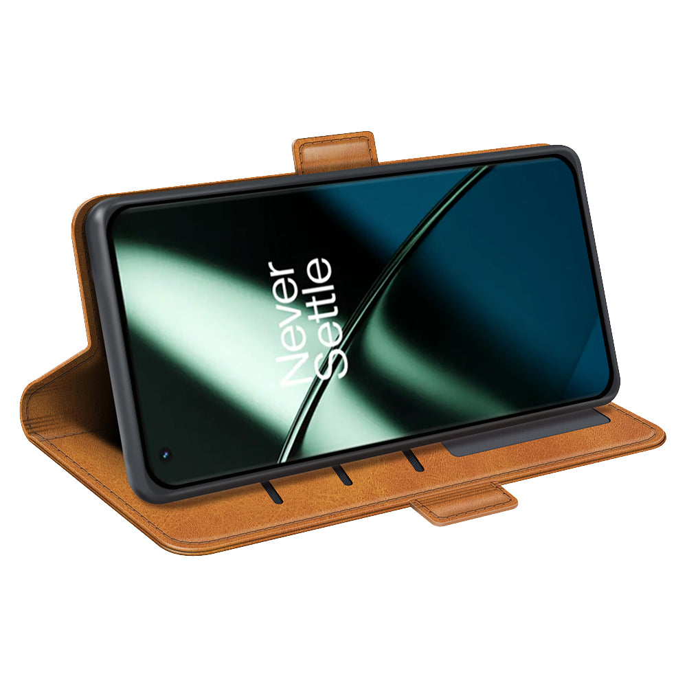 For OnePlus 11 5G Calf Texture PU Leather Phone Case Dual Magnetic Clasp Protective Cover with Stand Wallet