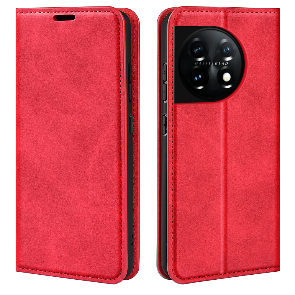 For OnePlus 11 5G Skin-touch Feeling Magnetic Auto-absorbed Wallet Case Fully Wrapped PU Leather Stand Flip Phone Cover