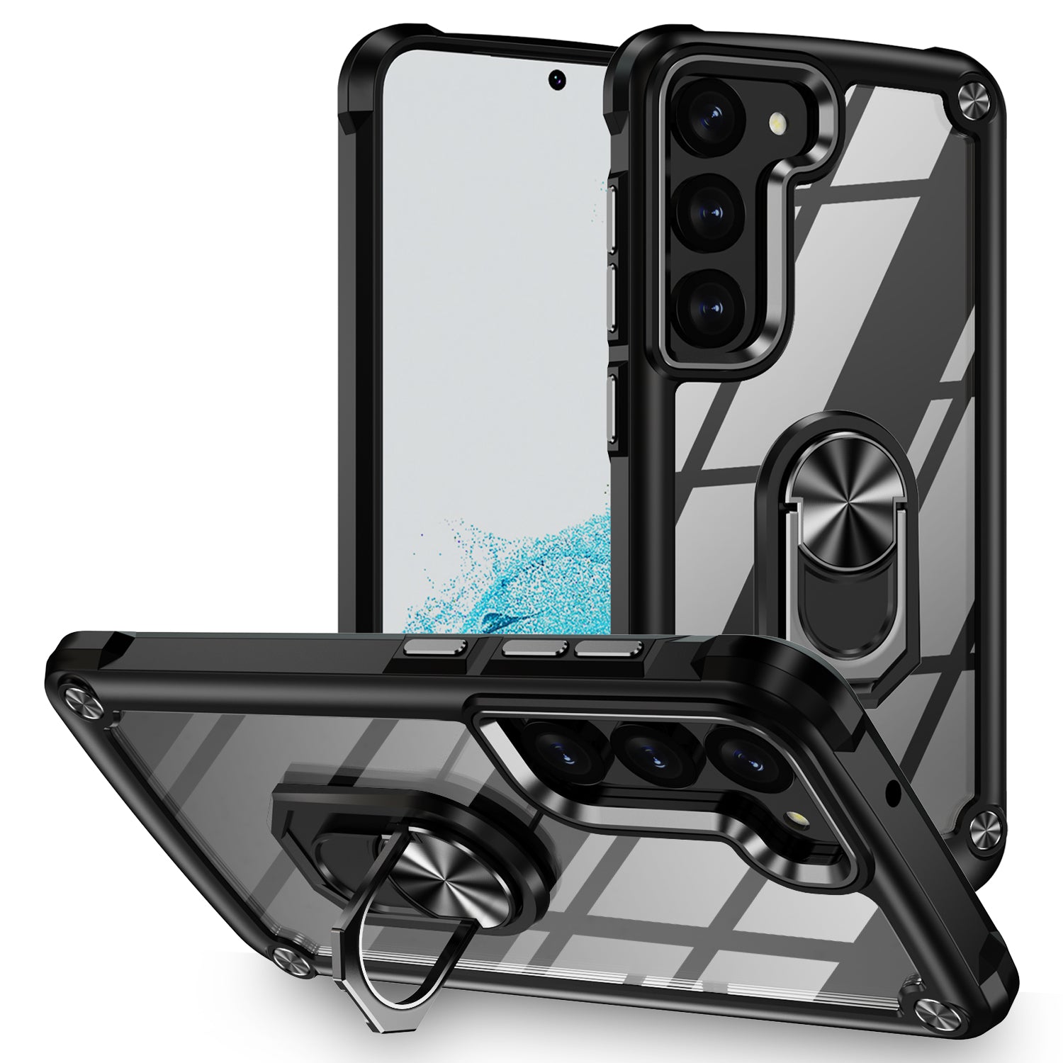 For Samsung Galaxy S23 Electroplating Design PC TPU Protective Case Metal Ring Kickstand Shockproof Anti-scratch Cover