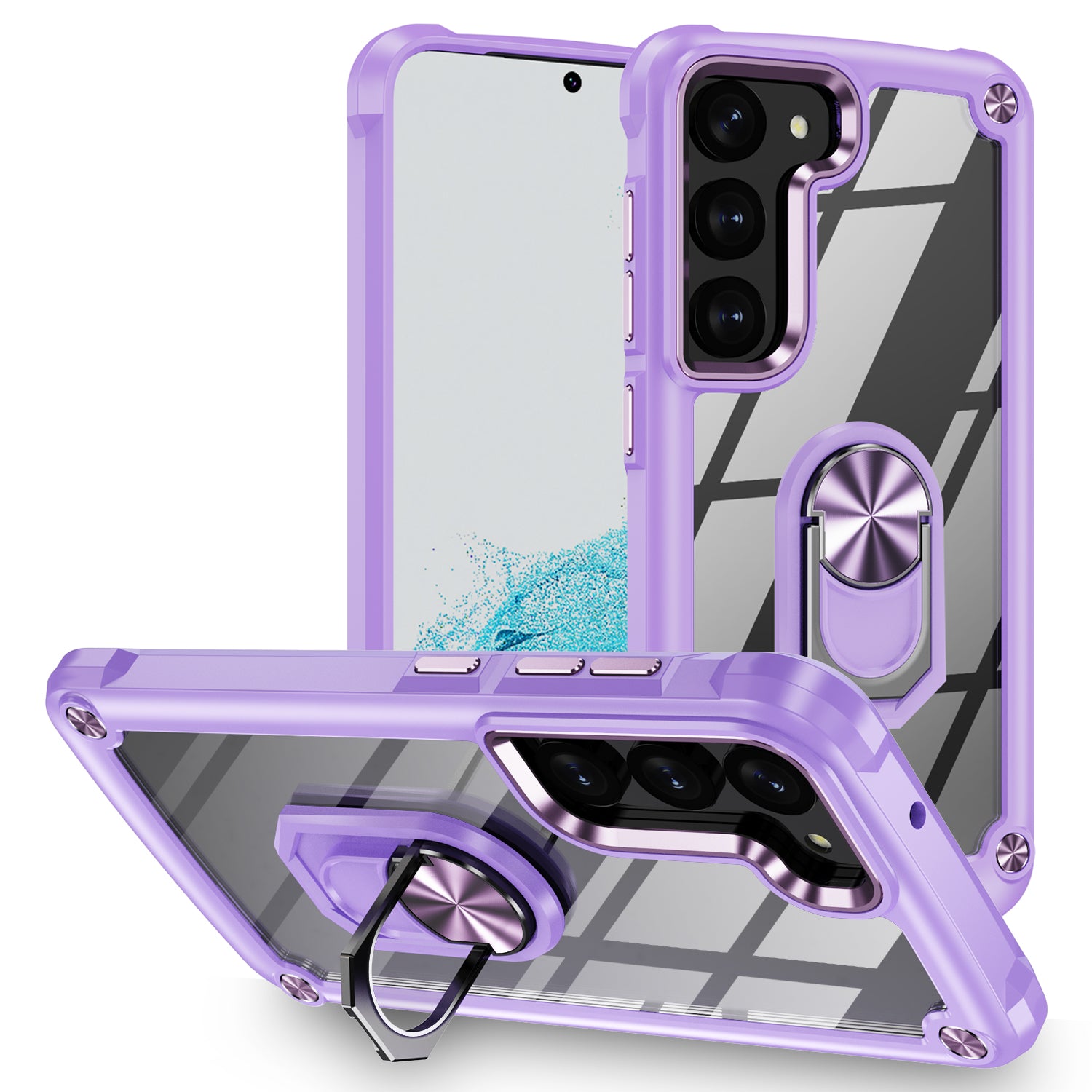 For Samsung Galaxy S23 Electroplating Design PC TPU Protective Case Metal Ring Kickstand Shockproof Anti-scratch Cover