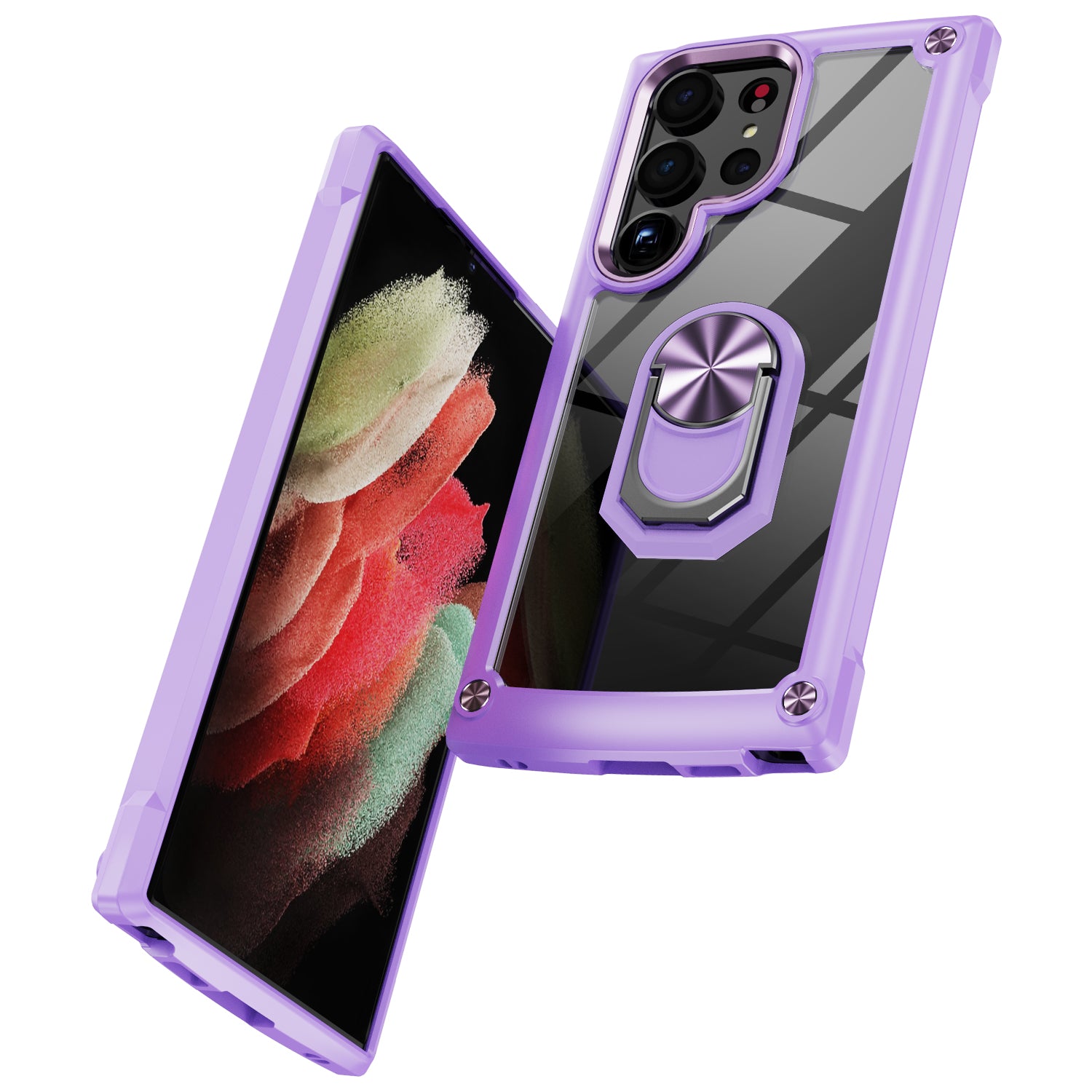 For Samsung Galaxy S23 Ultra Metal Ring Kickstand Protective Case PC TPU Shockproof Phone Back Cover