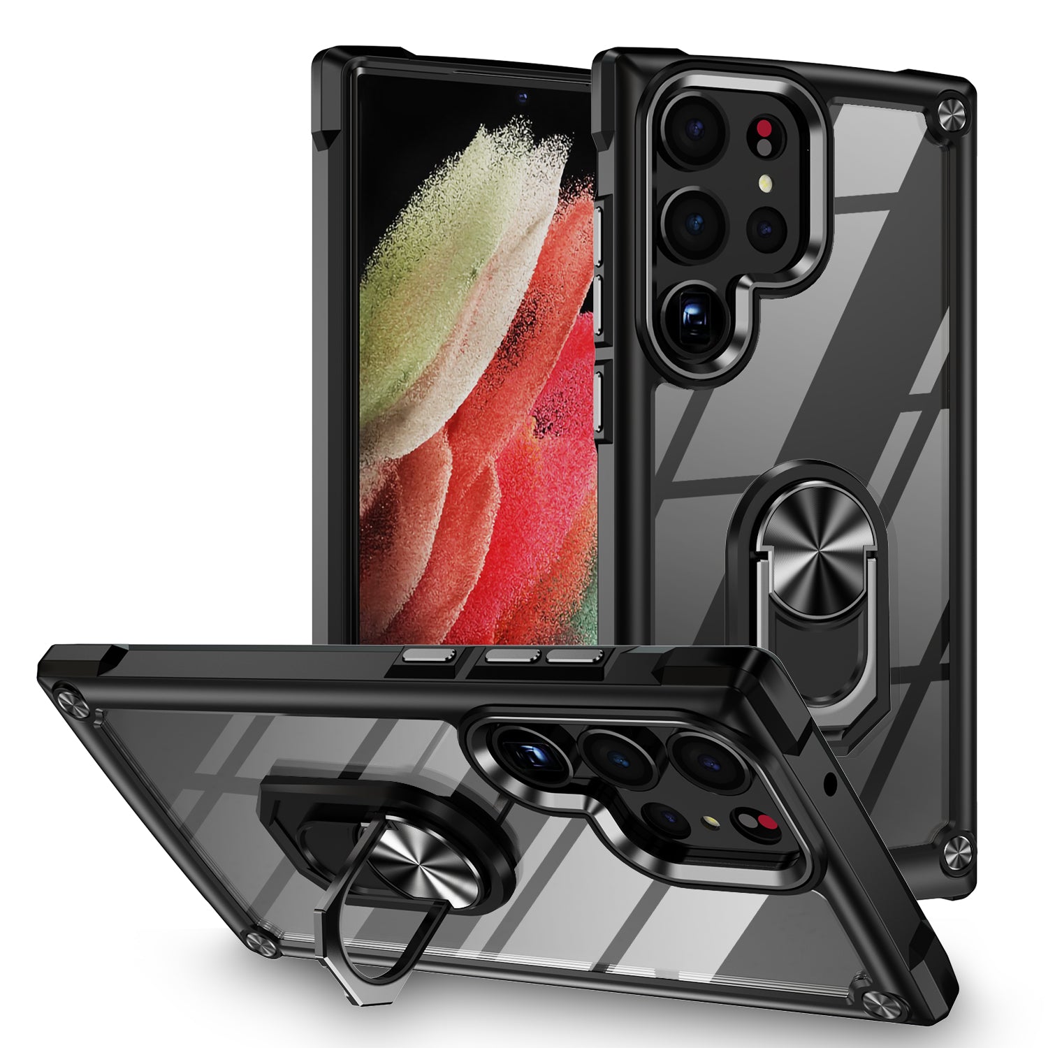 For Samsung Galaxy S23 Ultra Metal Ring Kickstand Protective Case PC TPU Shockproof Phone Back Cover