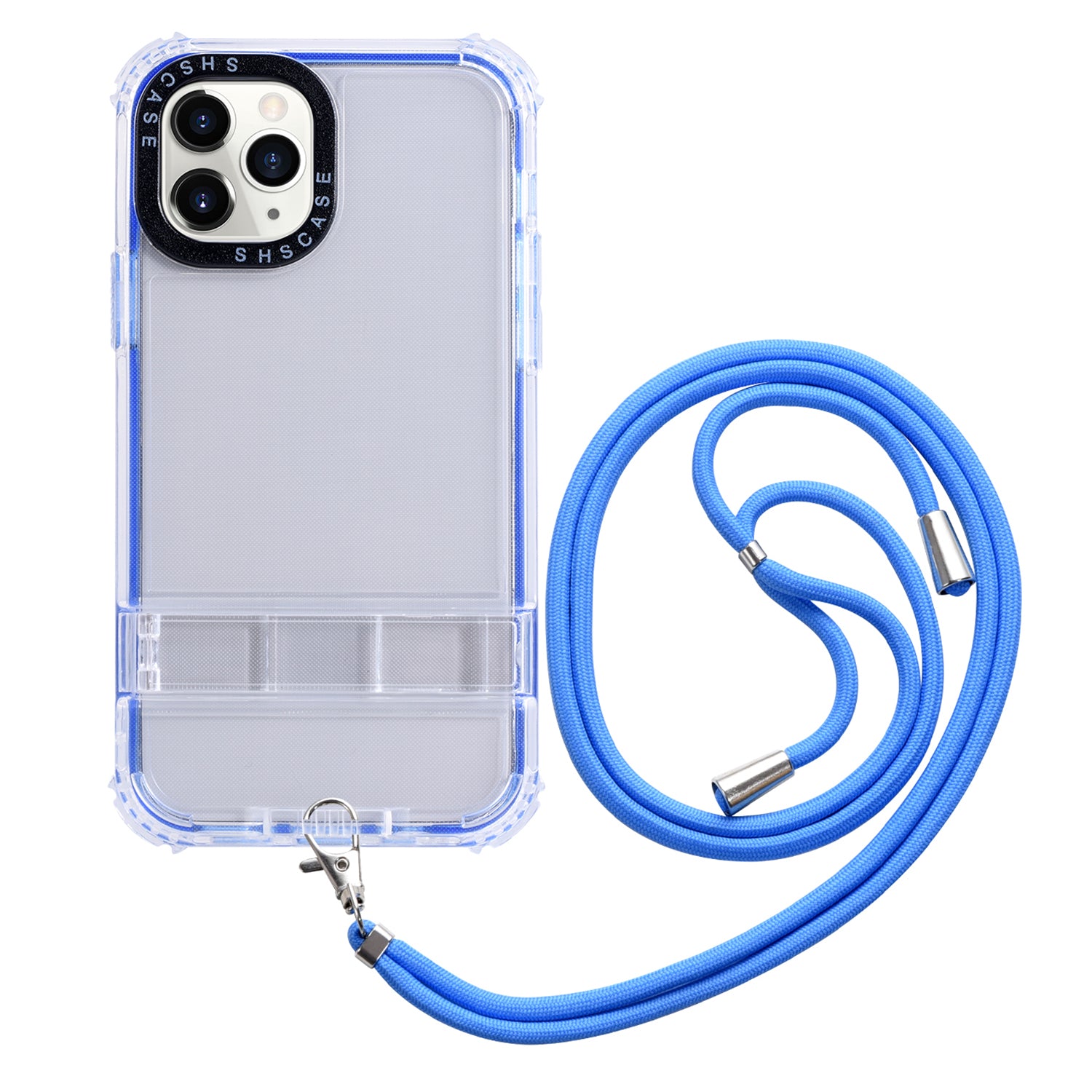 For iPhone 13 Pro Max 6.7 inch Transparent Kickstand Phone Case Anti-drop TPU + PC Hybrid Cover with Lanyard - White