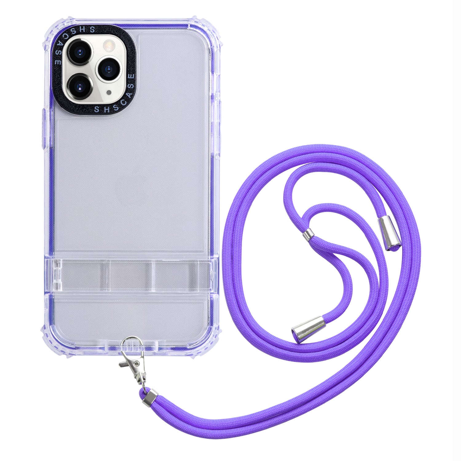 For iPhone 13 Pro Max 6.7 inch Transparent Kickstand Phone Case Anti-drop TPU + PC Hybrid Cover with Lanyard - White