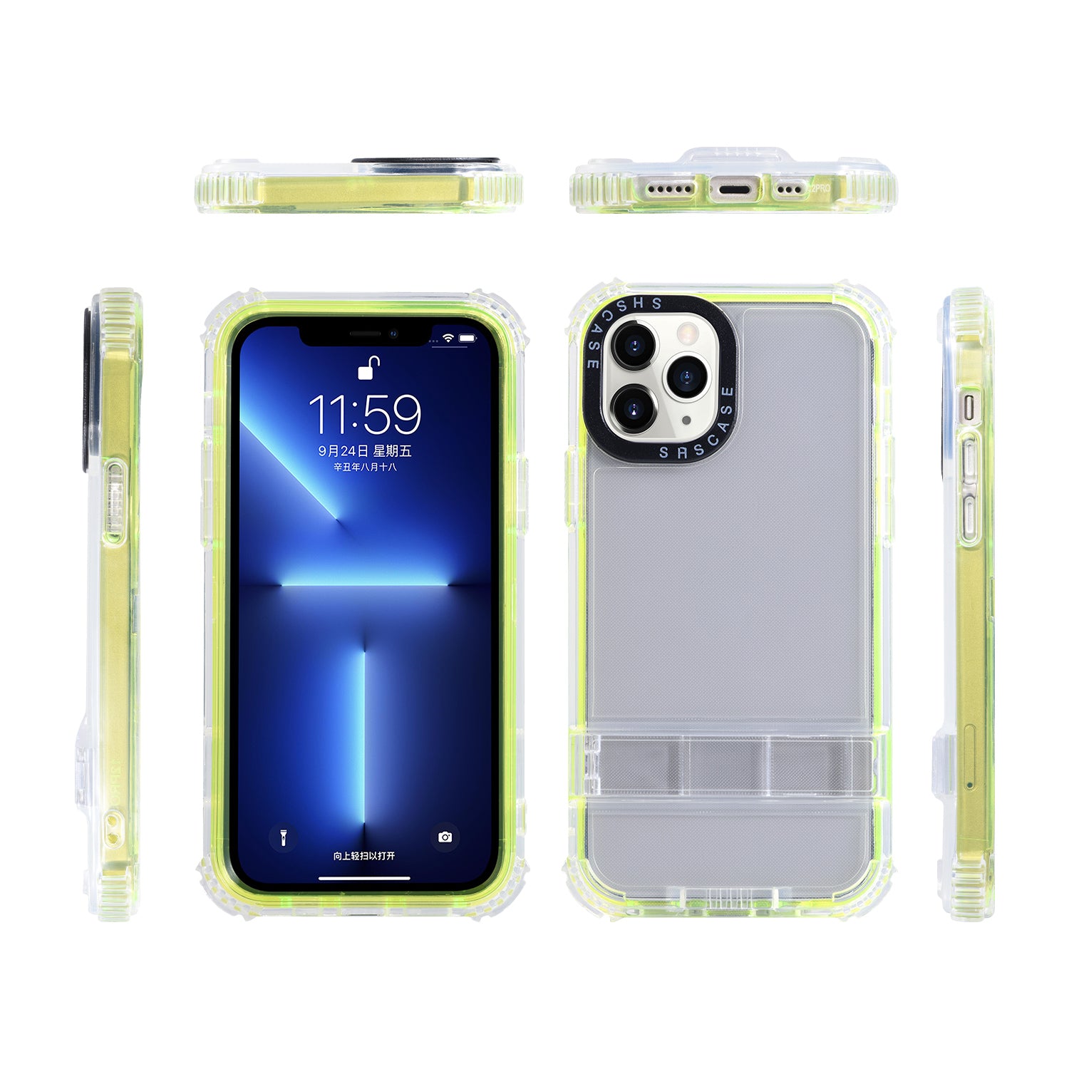 For iPhone 13 Pro Max 6.7 inch Transparent Kickstand Phone Case Anti-drop TPU PC Hybrid Cover with Lanyard