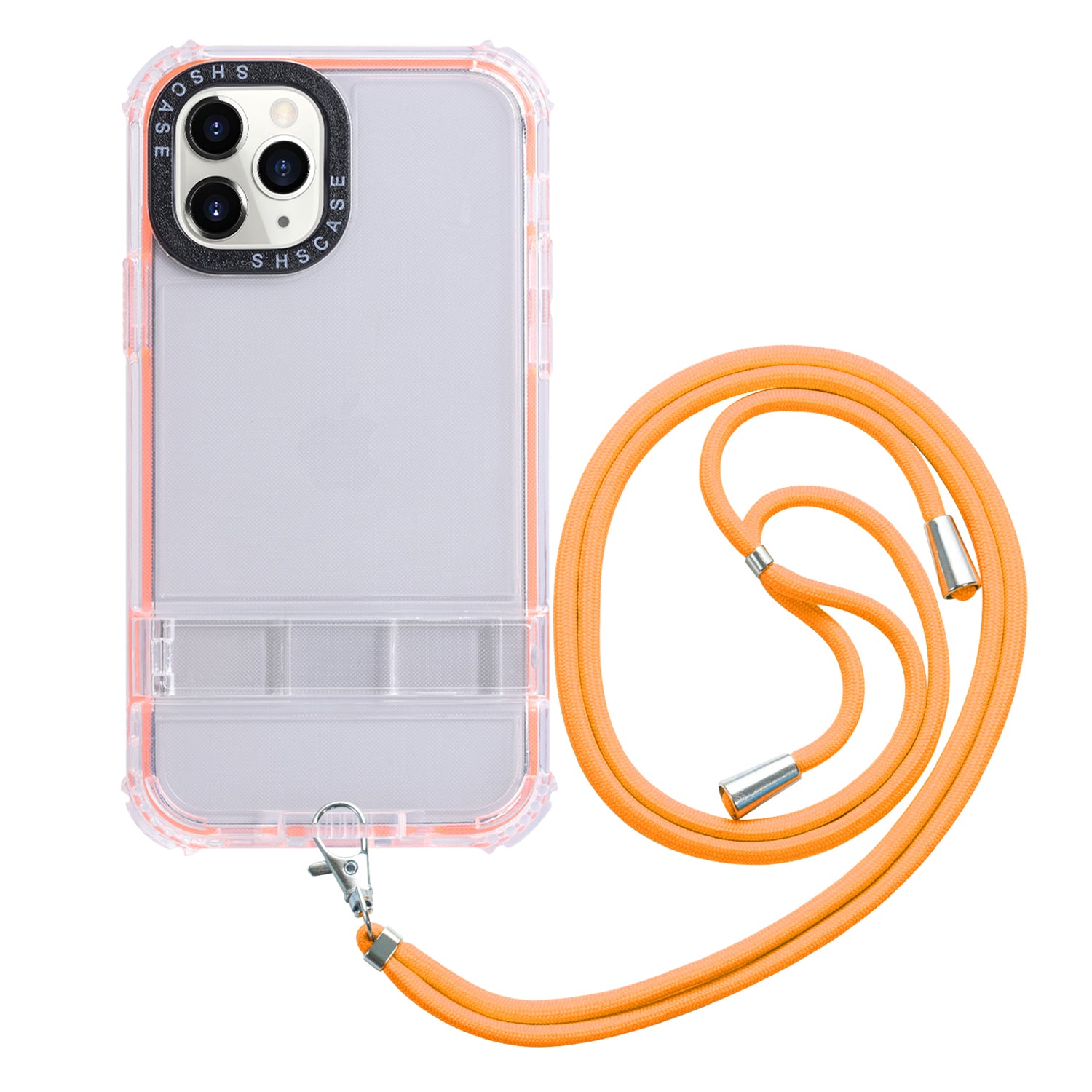 For iPhone 13 Pro 6.1 inch Transparent Phone Case Kickstand TPU PC Anti-drop Protective Cover with Lanyard