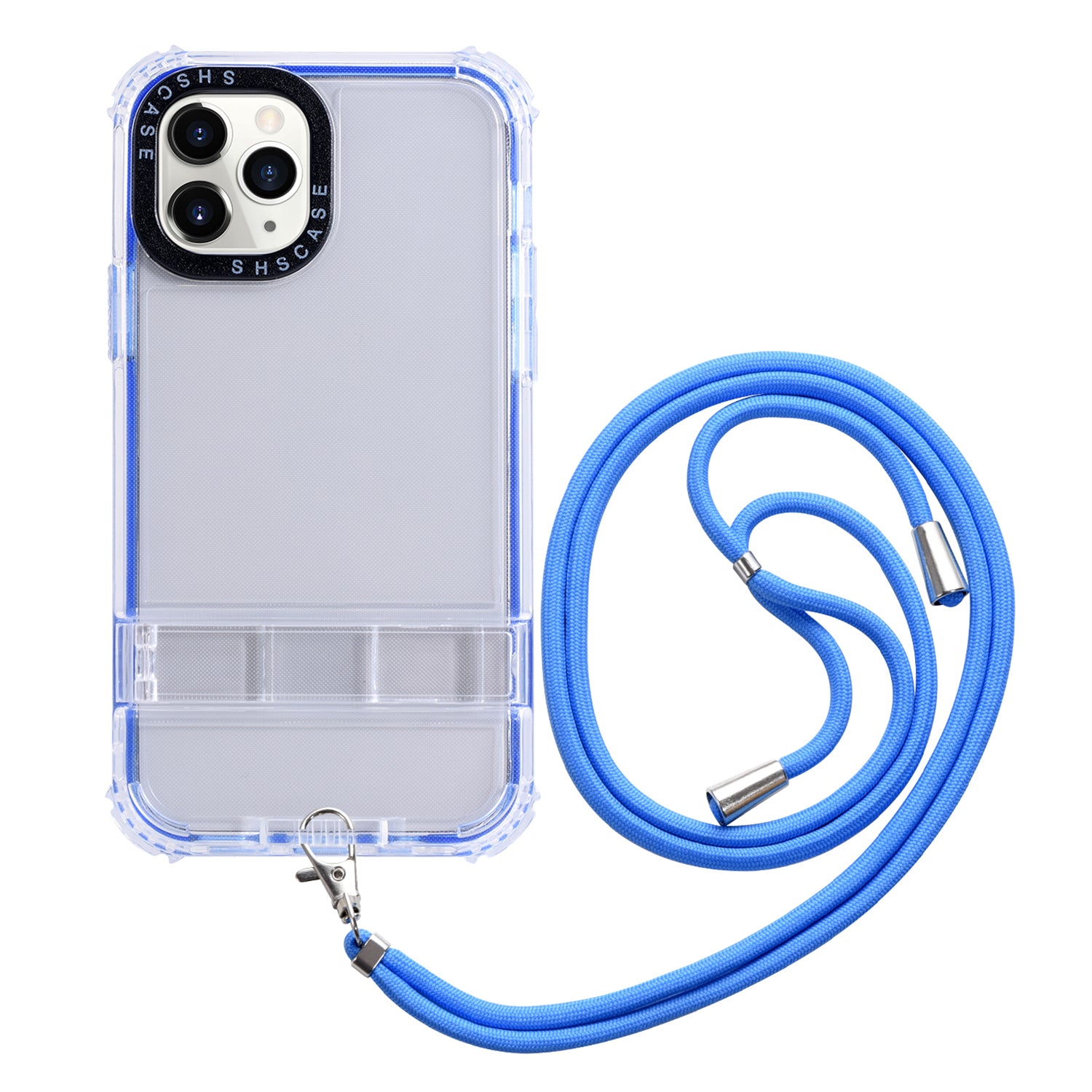 For iPhone 14 Pro Max Kickstand Clear Phone Case Reinforced Corner TPU + PC Protective Cover with Lanyard - White