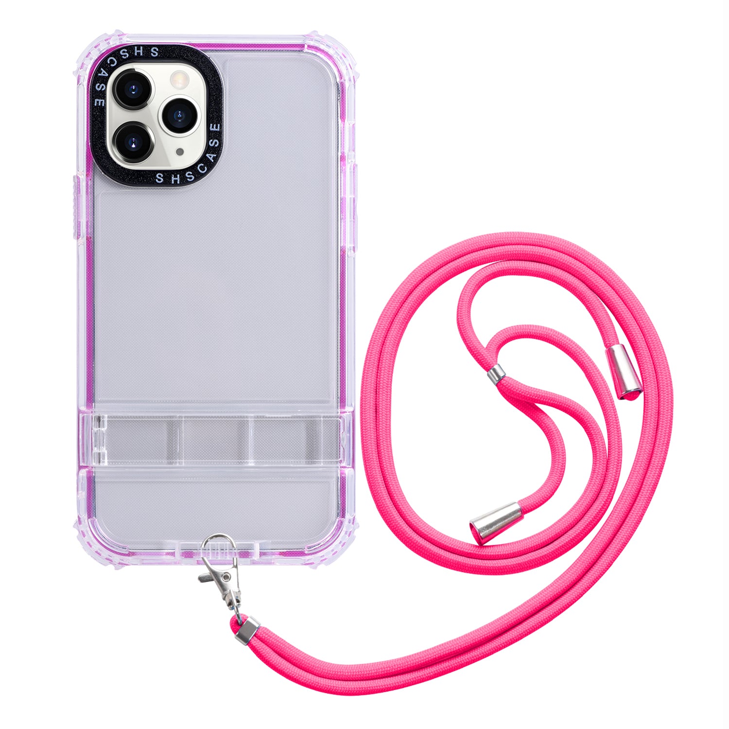 Hidden Kickstand Phone Case for iPhone 14 Pro TPU Frame Transparent PC Back Cover with Lanyard