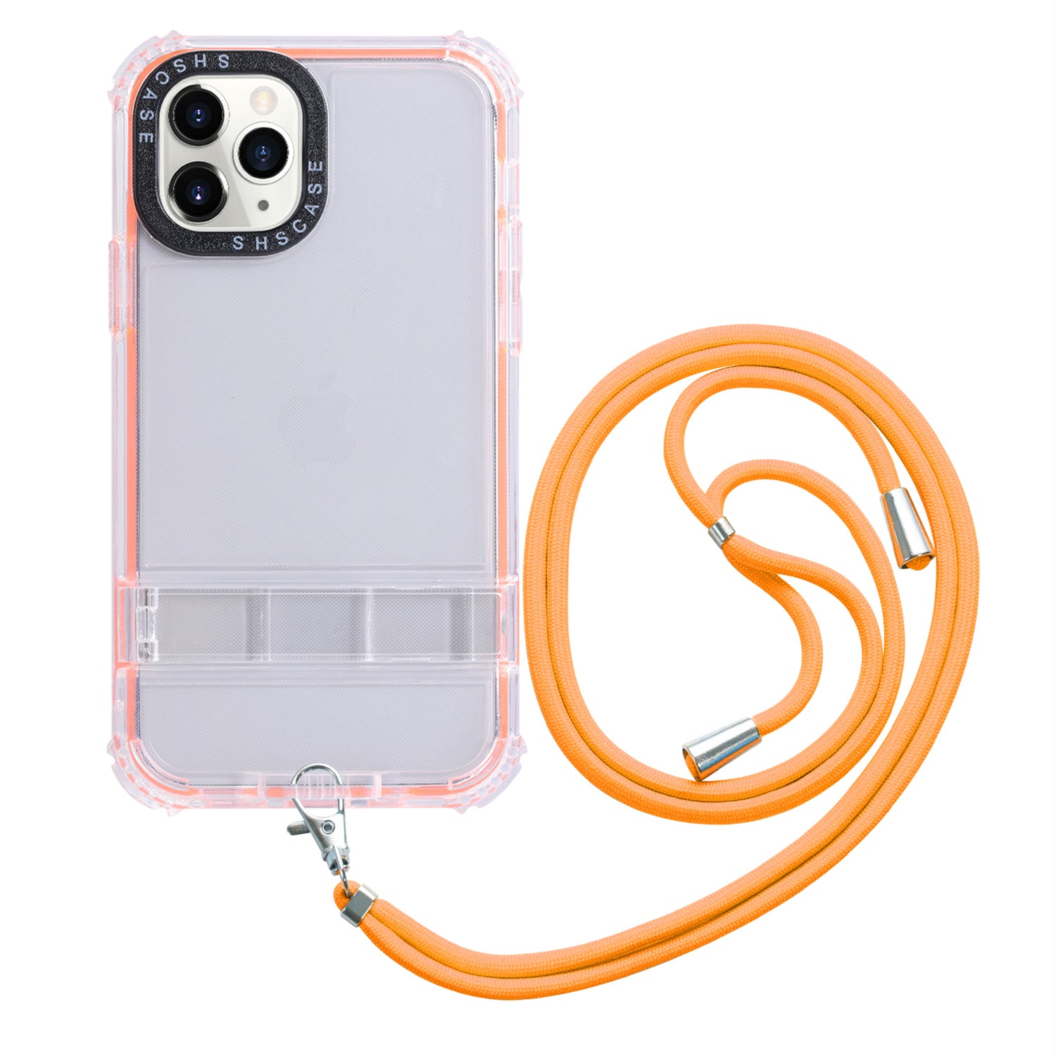 Hidden Kickstand Phone Case for iPhone 14 Pro, TPU Frame Transparent PC Back Cover with Lanyard - White