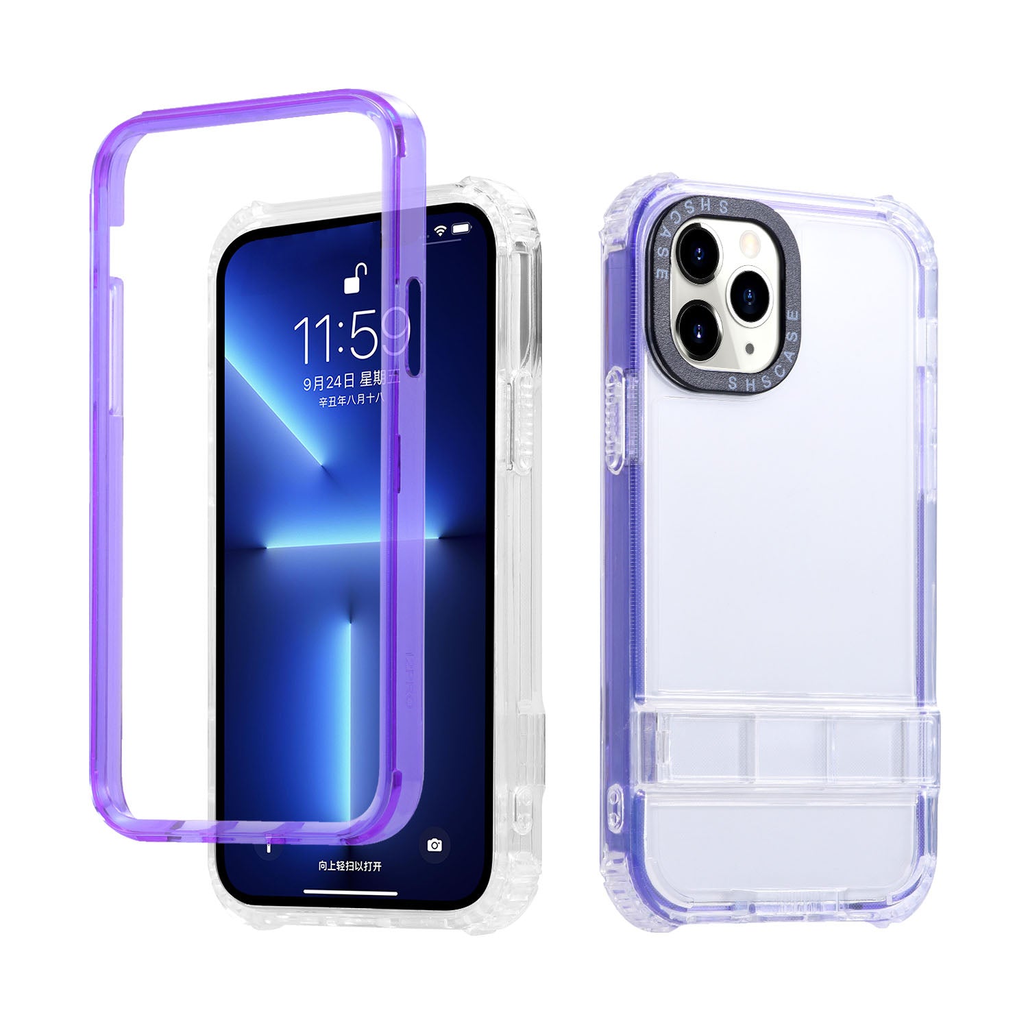 For iPhone 14 Pro Max Transparent Phone Drop-proof Case Hidden Kickstand Design TPU PC Back Cover