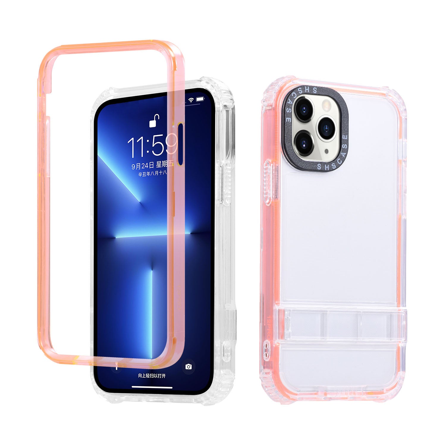For iPhone 14 Pro Max Transparent Phone Drop-proof Case Hidden Kickstand Design TPU PC Back Cover