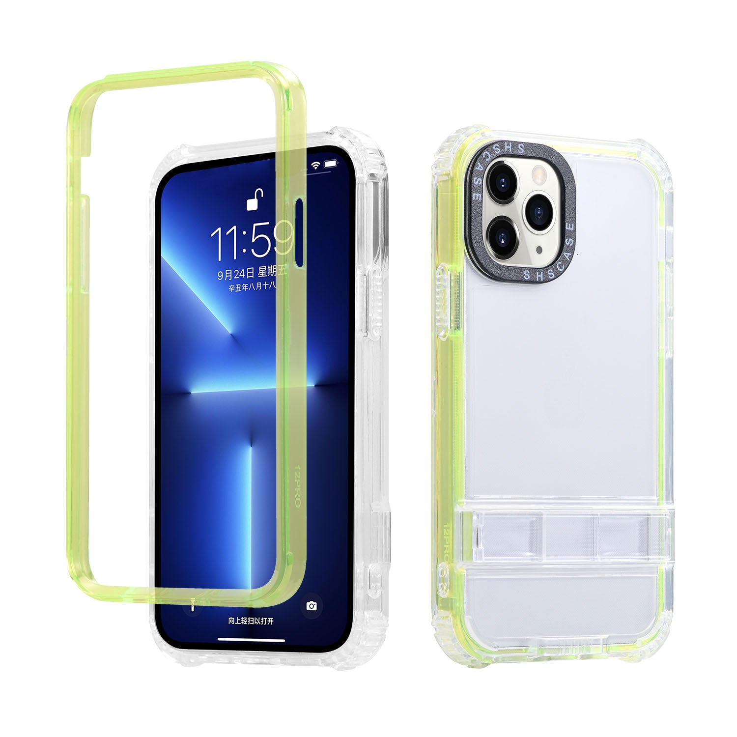 For iPhone 14 Pro Max Transparent Phone Drop-proof Case Hidden Kickstand Design TPU PC Back Cover