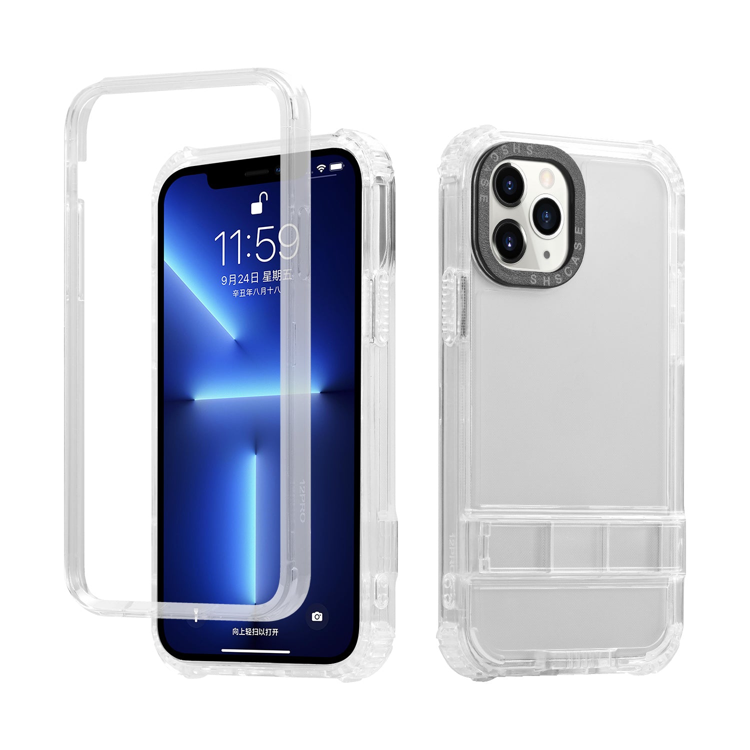 For iPhone 13 Pro 6.1 inch Transparent Phone Protective Case TPU PC Anti-scratch Back Cover with Hidden Kickstand