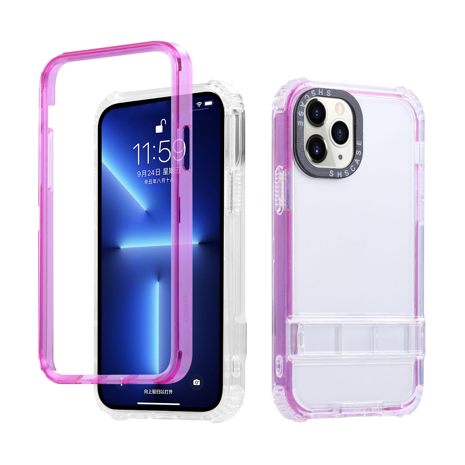 For iPhone 14 Pro Hidden Kickstand Design TPU PC Phone Shockproof Case Transparent Back Anti-scratch Cover