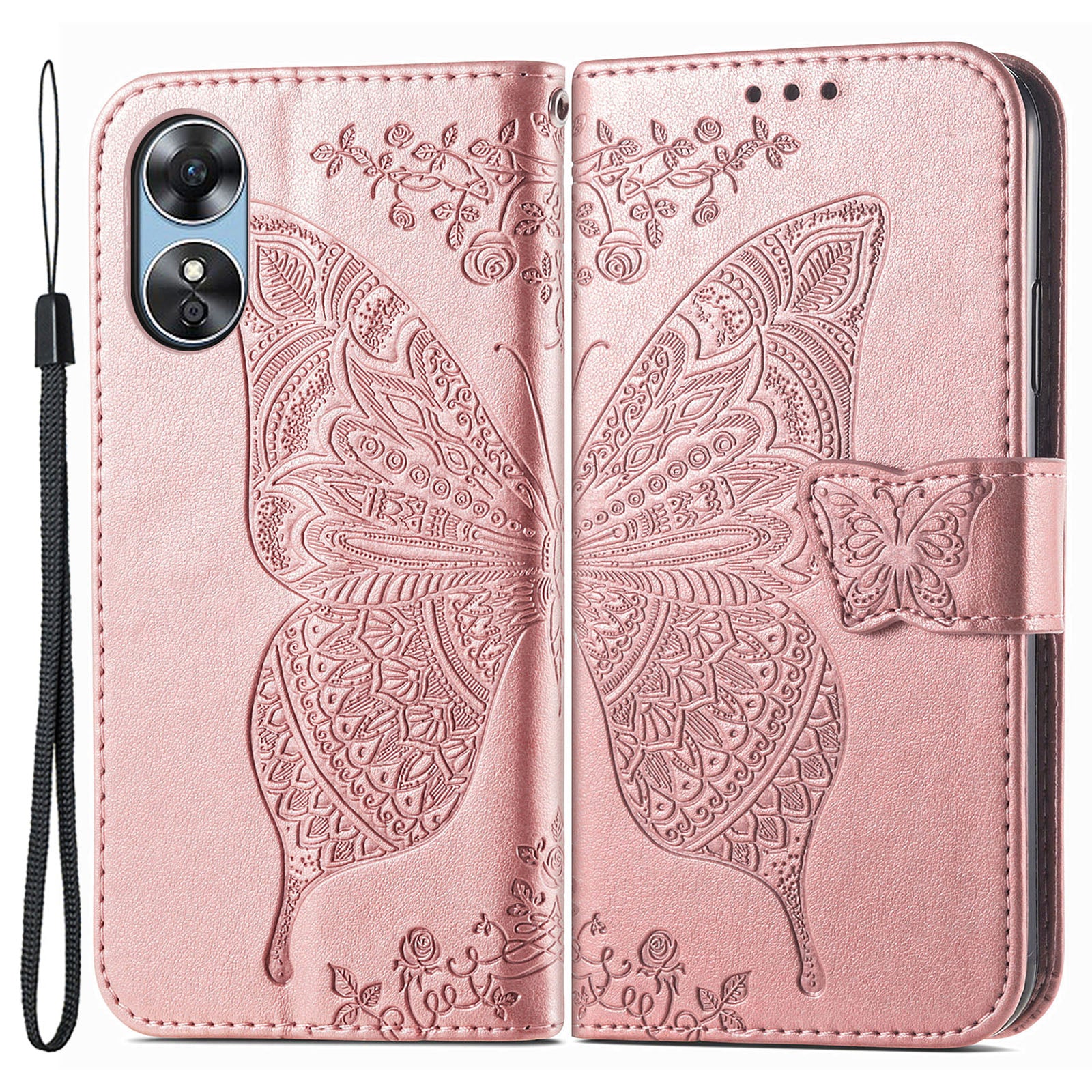 For Oppo A17 4G A17k 4G Full Protection PU Leather Phone Case Imprinted Butterfly Pattern Stand Wallet Flip Magnetic Closure Anti-scratch Phone Cover