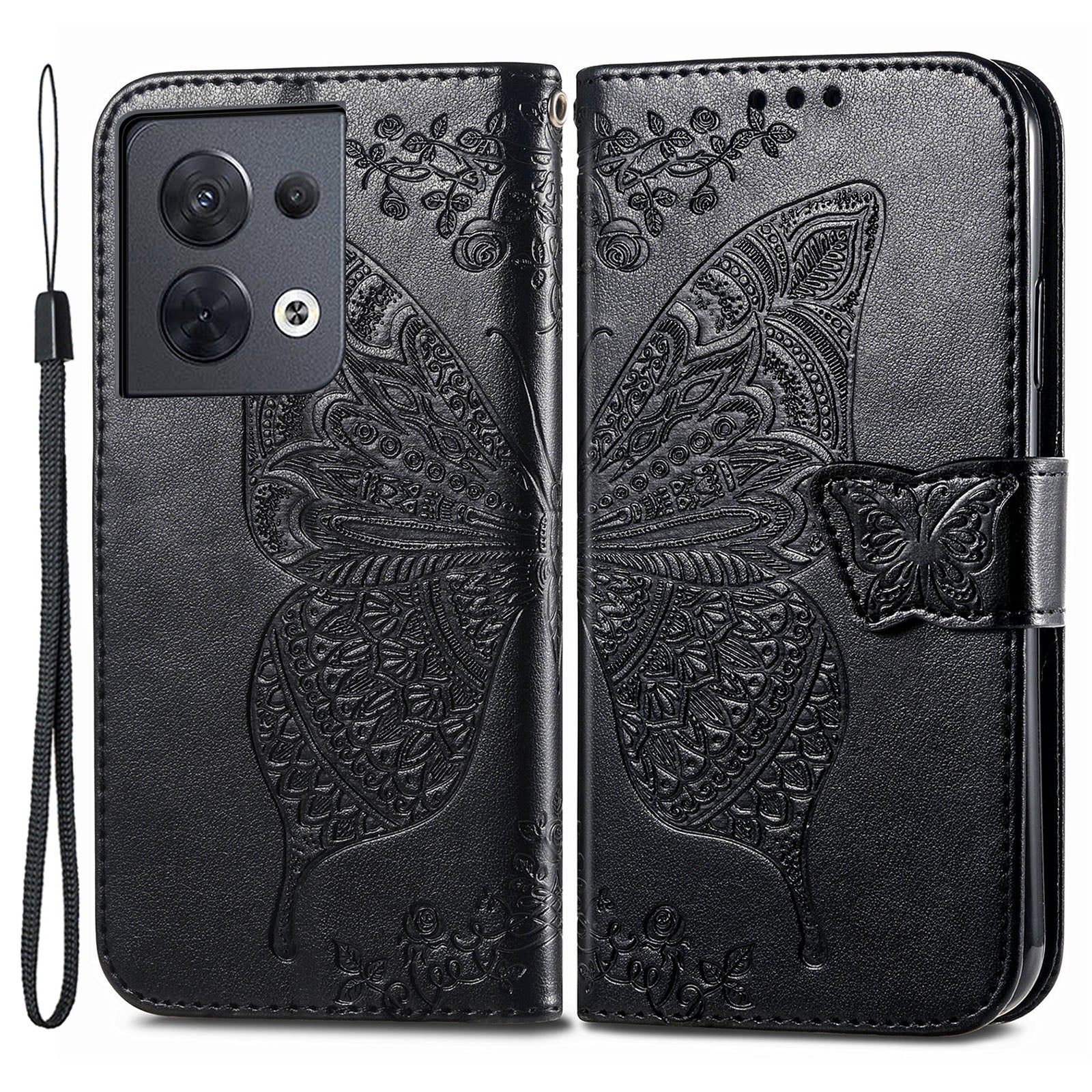 For Oppo Reno8 5G (Global Version) PU Leather Anti-drop Phone Case Foldable Stand Imprinted Butterfly Pattern Flip Phone Wallet Cover