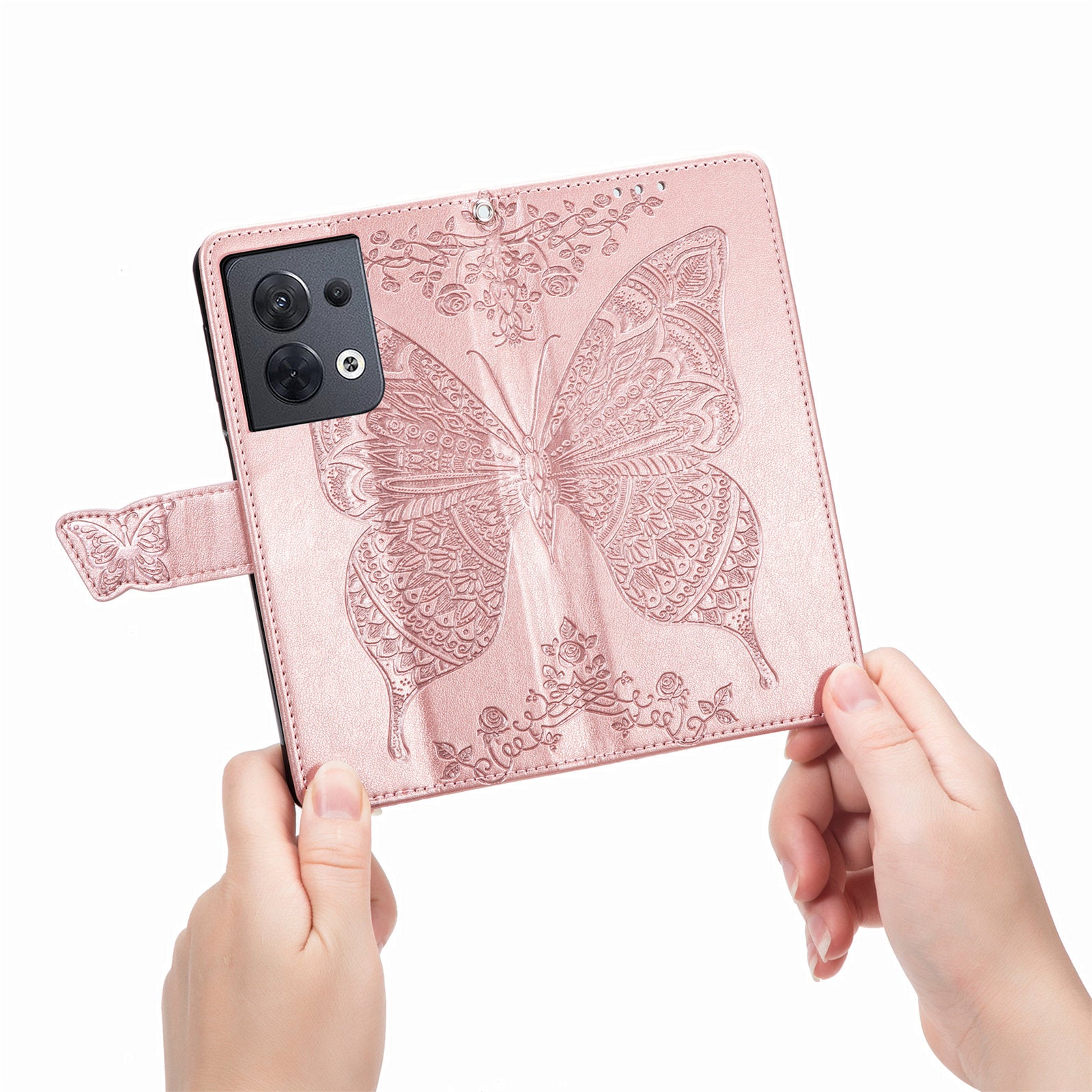For Oppo Reno8 5G (Global Version) PU Leather Anti-drop Phone Case Foldable Stand Imprinted Butterfly Pattern Flip Phone Wallet Cover