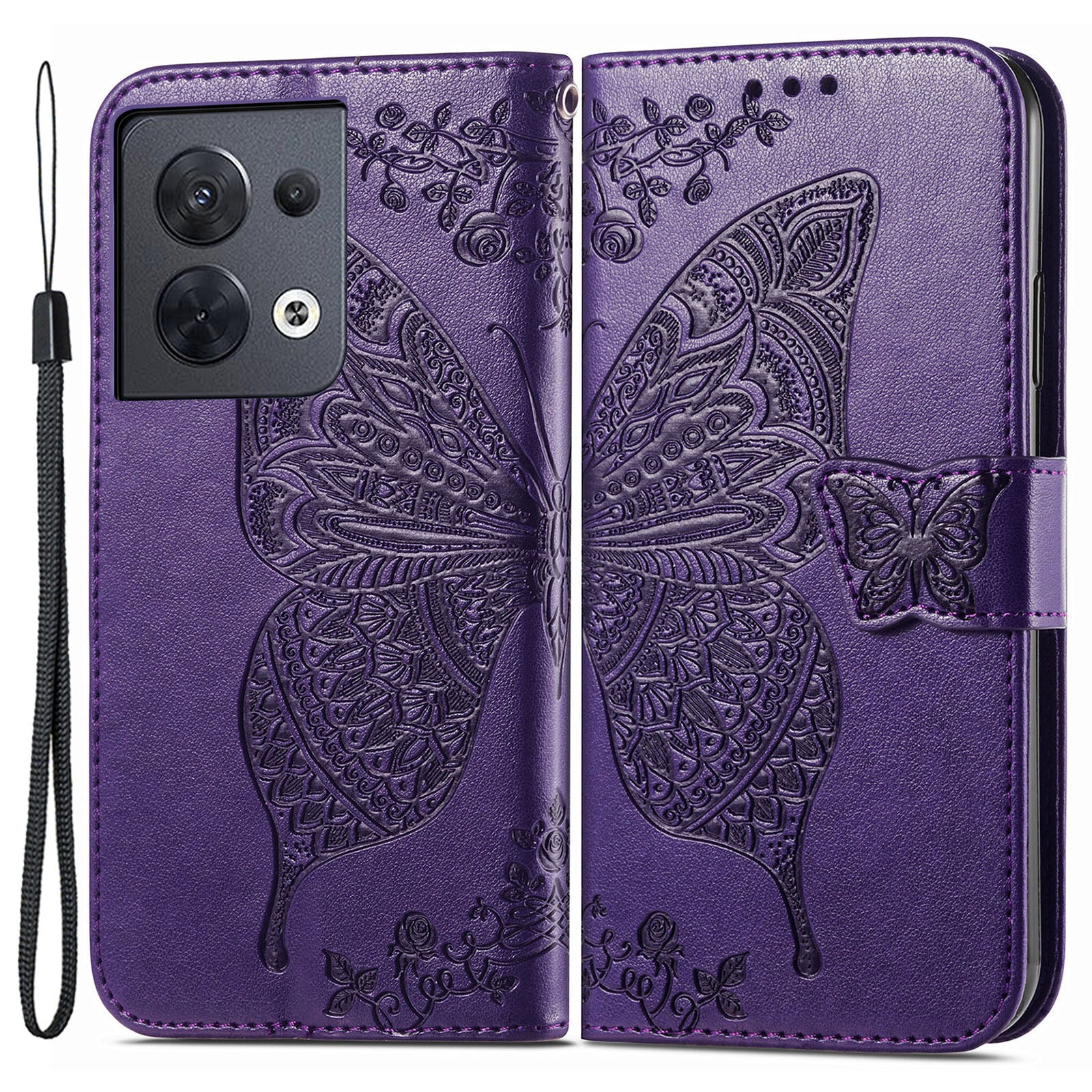 For Oppo Reno8 5G (Global Version) PU Leather Anti-drop Phone Case Foldable Stand Imprinted Butterfly Pattern Flip Phone Wallet Cover