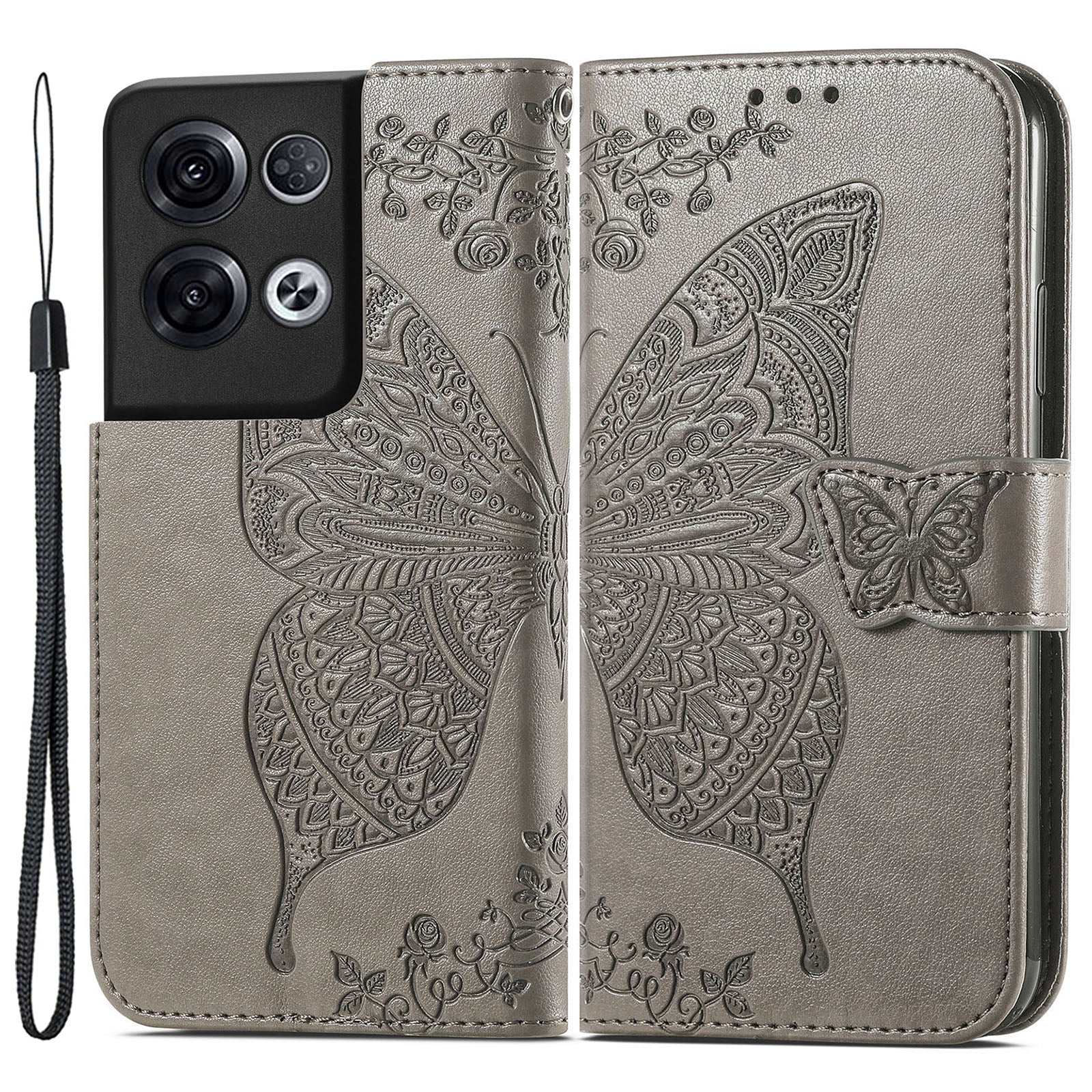 Shockproof Phone Cover For Oppo Reno8 Pro 5G (Global Version) Imprinted Butterfly Pattern PU Leather Phone Case with Stand Wallet