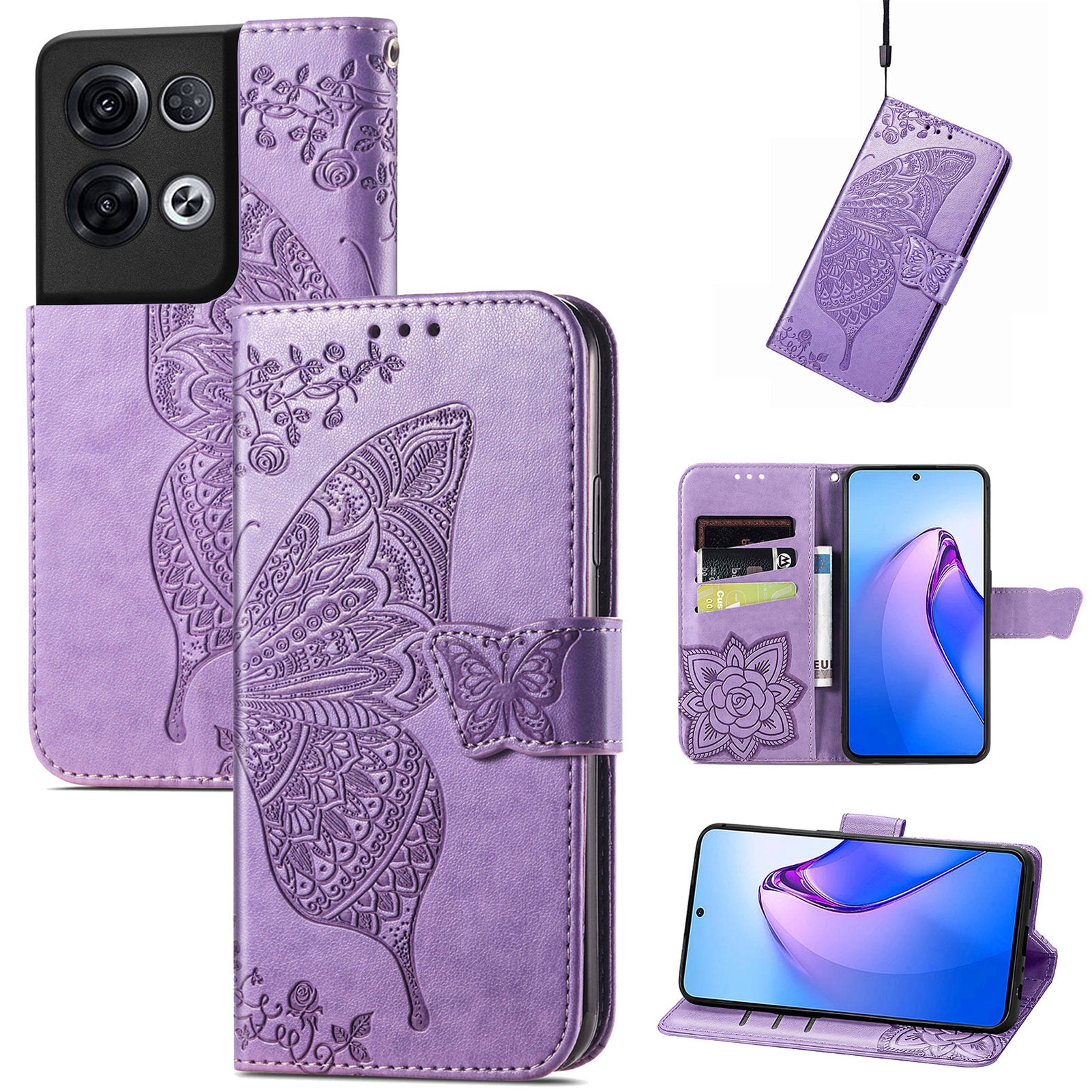 Shockproof Phone Cover For Oppo Reno8 Pro 5G (Global Version) Imprinted Butterfly Pattern PU Leather Phone Case with Stand Wallet