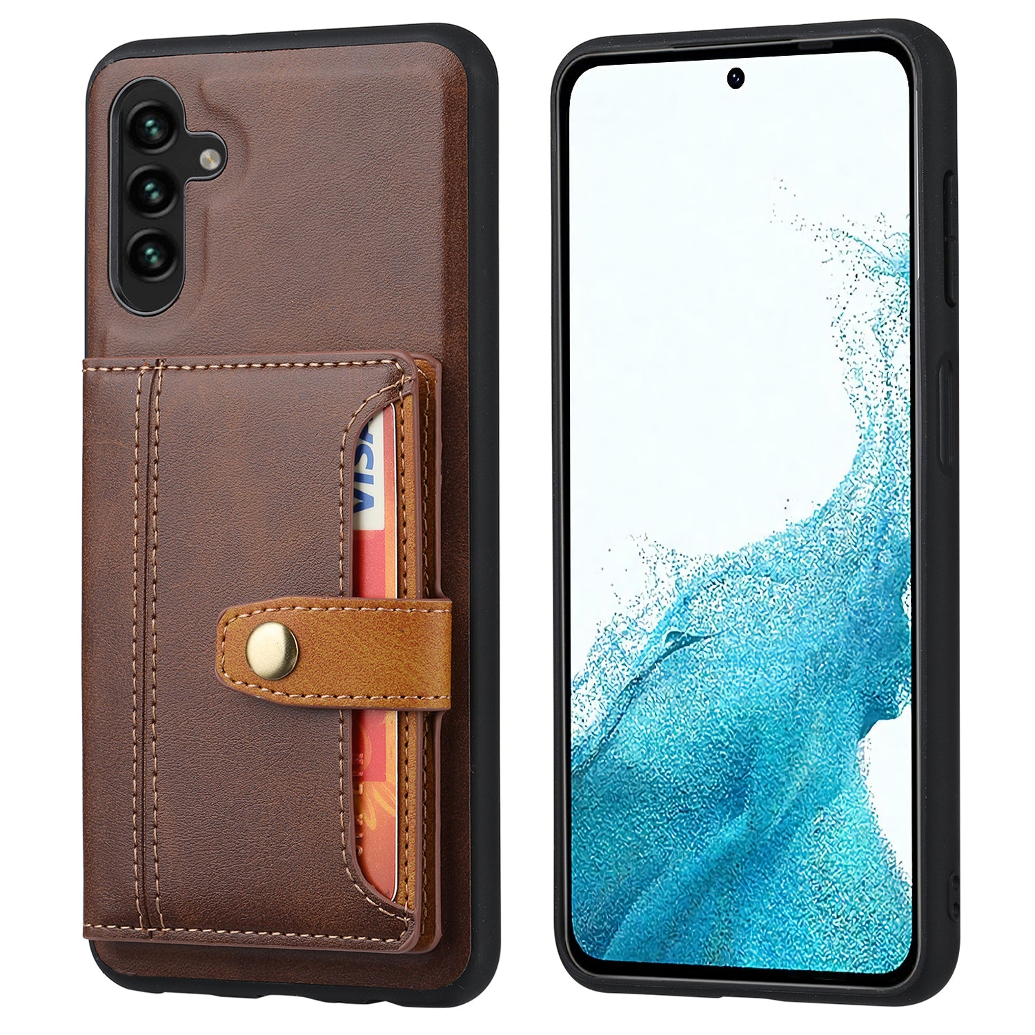 For Samsung Galaxy A54 5G Bump Proof Calf Texture Phone Case Card Slots Kickstand PU Leather Coated TPU Protective Back Cover