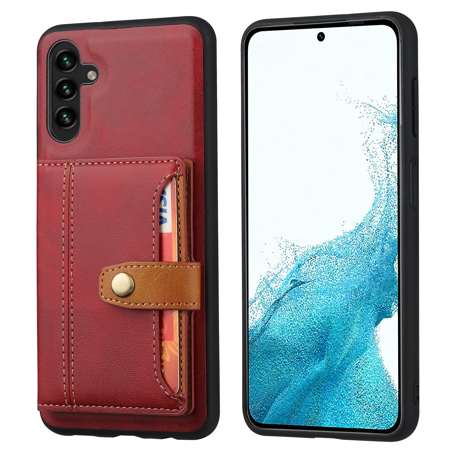 For Samsung Galaxy A54 5G Bump Proof Calf Texture Phone Case Card Slots Kickstand PU Leather Coated TPU Protective Back Cover