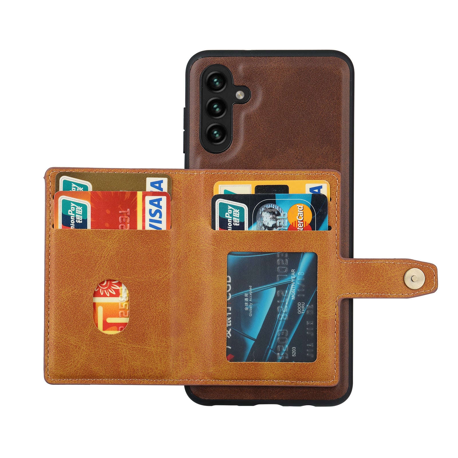For Samsung Galaxy A54 5G Bump Proof Calf Texture Phone Case Card Slots Kickstand PU Leather Coated TPU Protective Back Cover