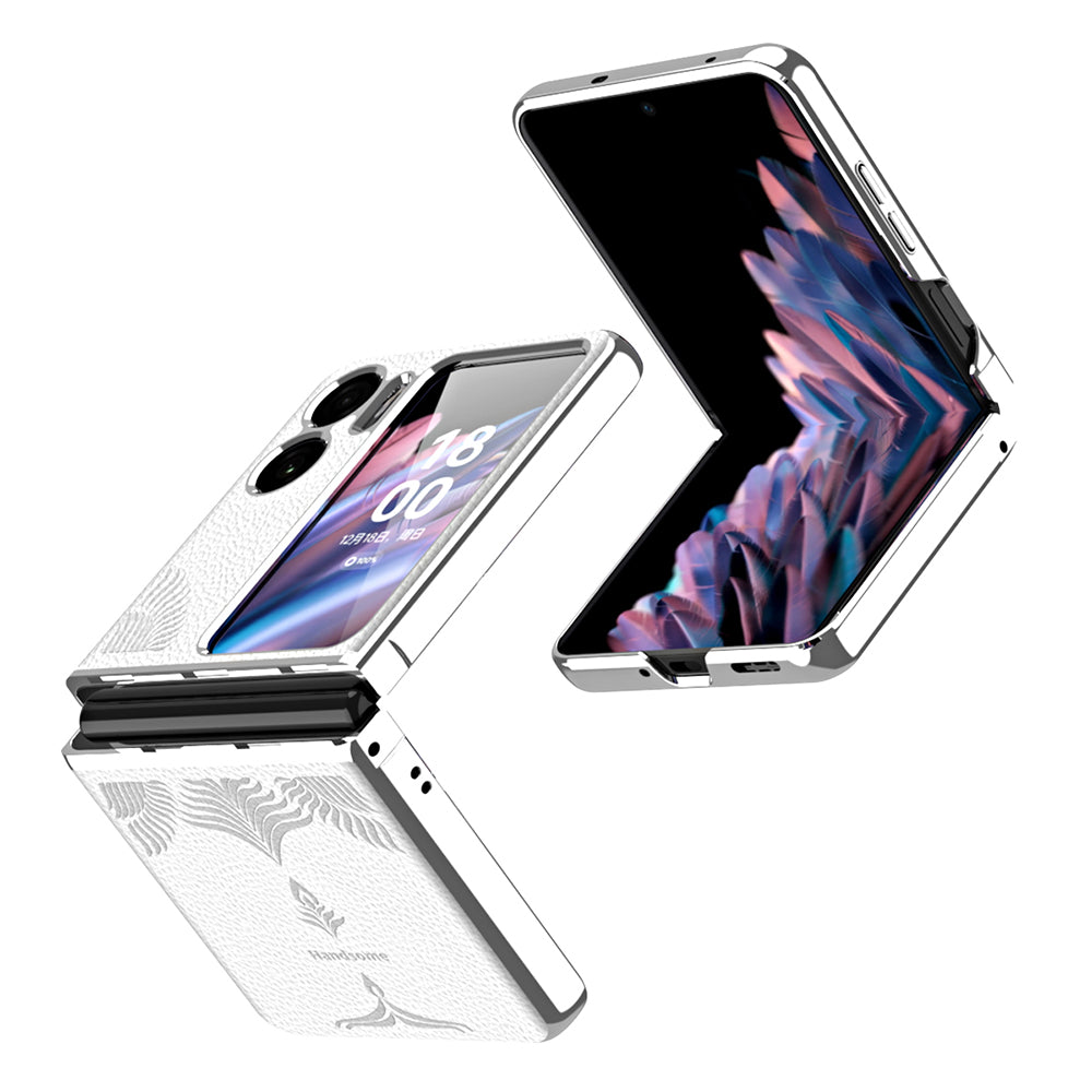 Electroplating Phone Case for Oppo Find N2 Flip 5G Litchi Texture PU Leather Coated Hard PC Back Cover