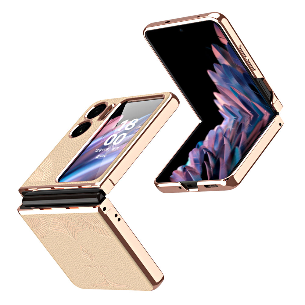Electroplating Phone Case for Oppo Find N2 Flip 5G Litchi Texture PU Leather Coated Hard PC Back Cover