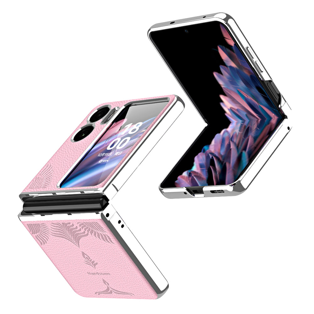 Electroplating Phone Case for Oppo Find N2 Flip 5G Litchi Texture PU Leather Coated Hard PC Back Cover
