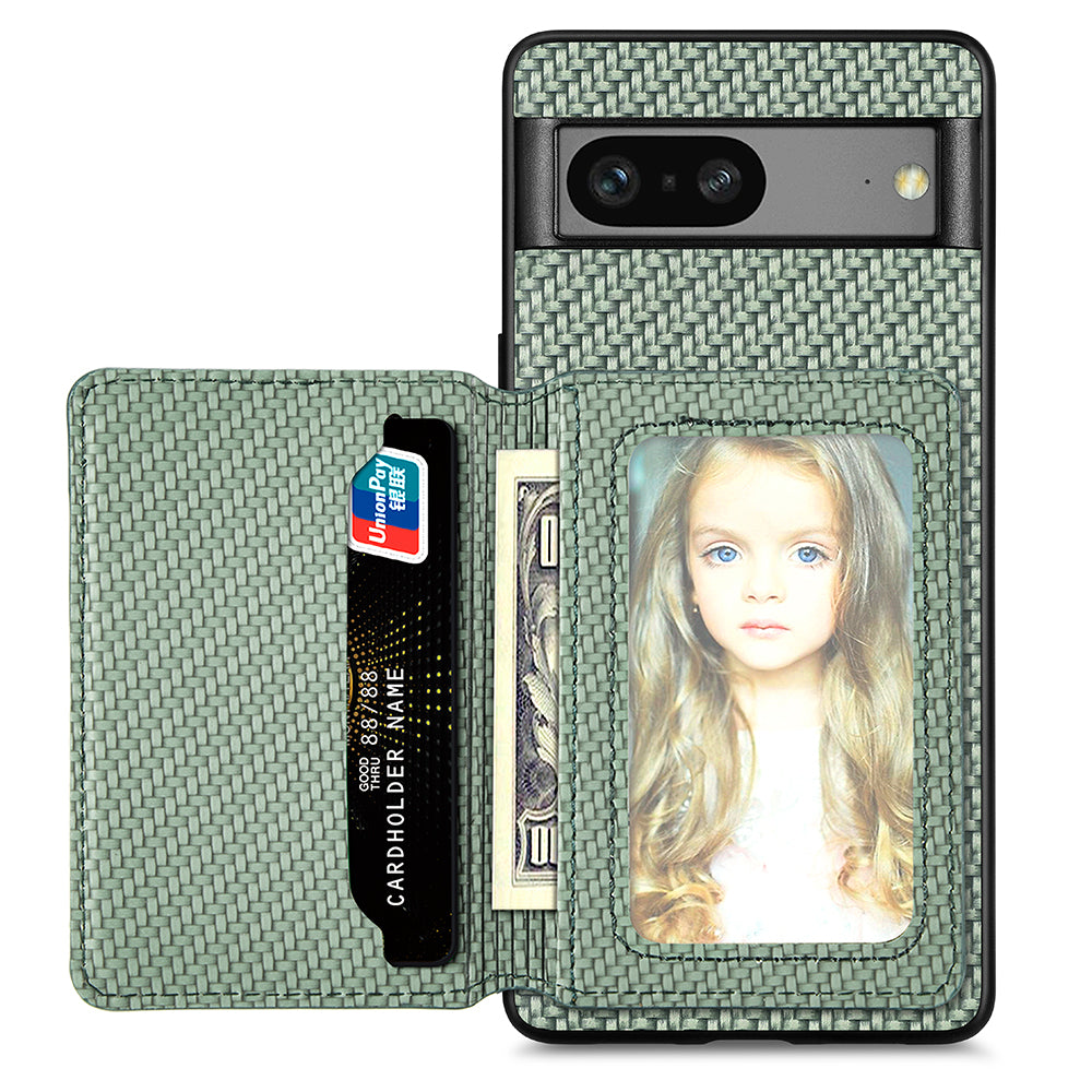For Google Pixel 7a PU Leather Coated PC TPU Magnetic Phone Cover Carbon Fiber Texture Shockproof Anti-sratch Phone Case Wallet Kickstand