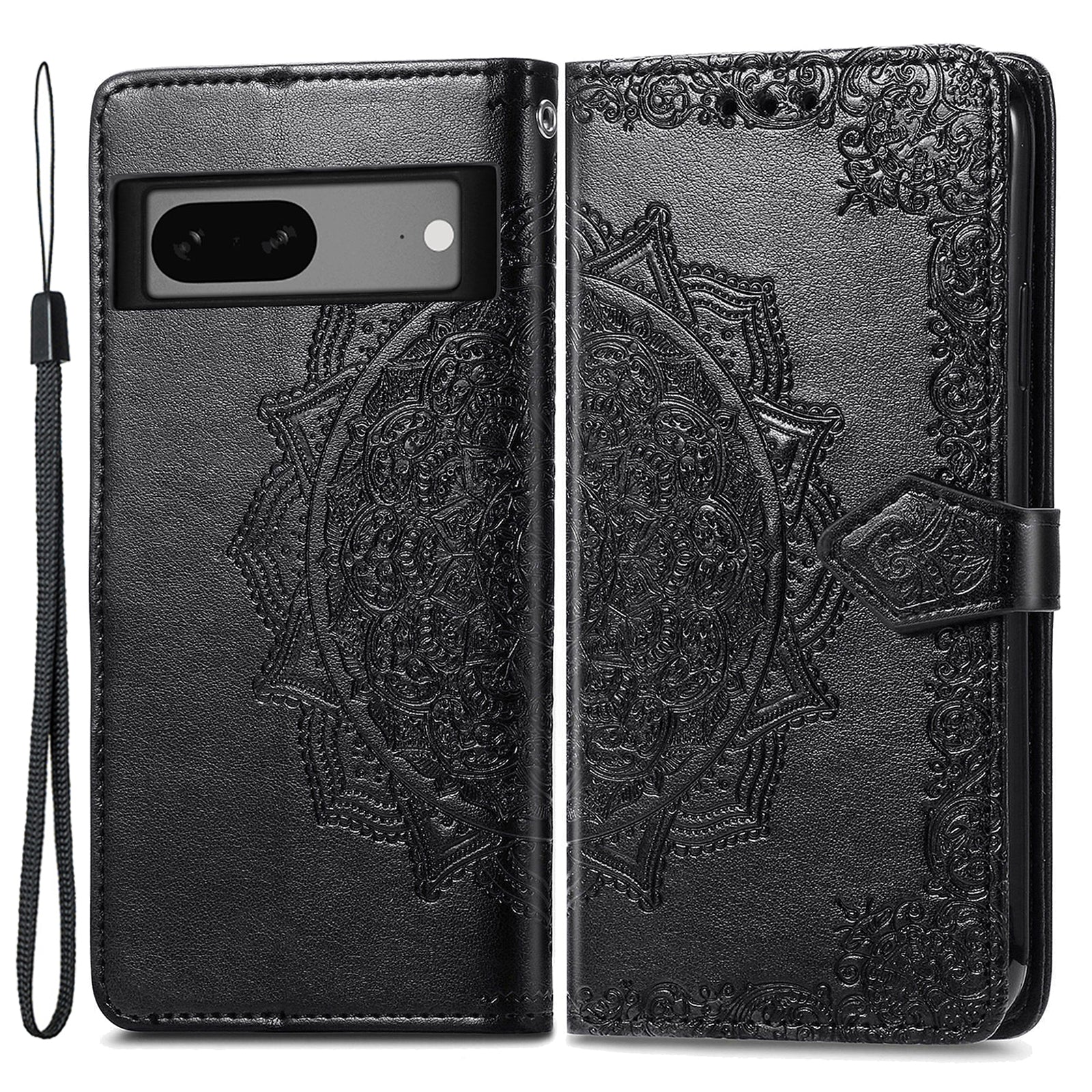 Anti-fall Phone Cover For Google Pixel 7a Magnetic Clasp PU Leather Flip Leather Wallet Case Stand Embossed Mandala Pattern Phone Shell