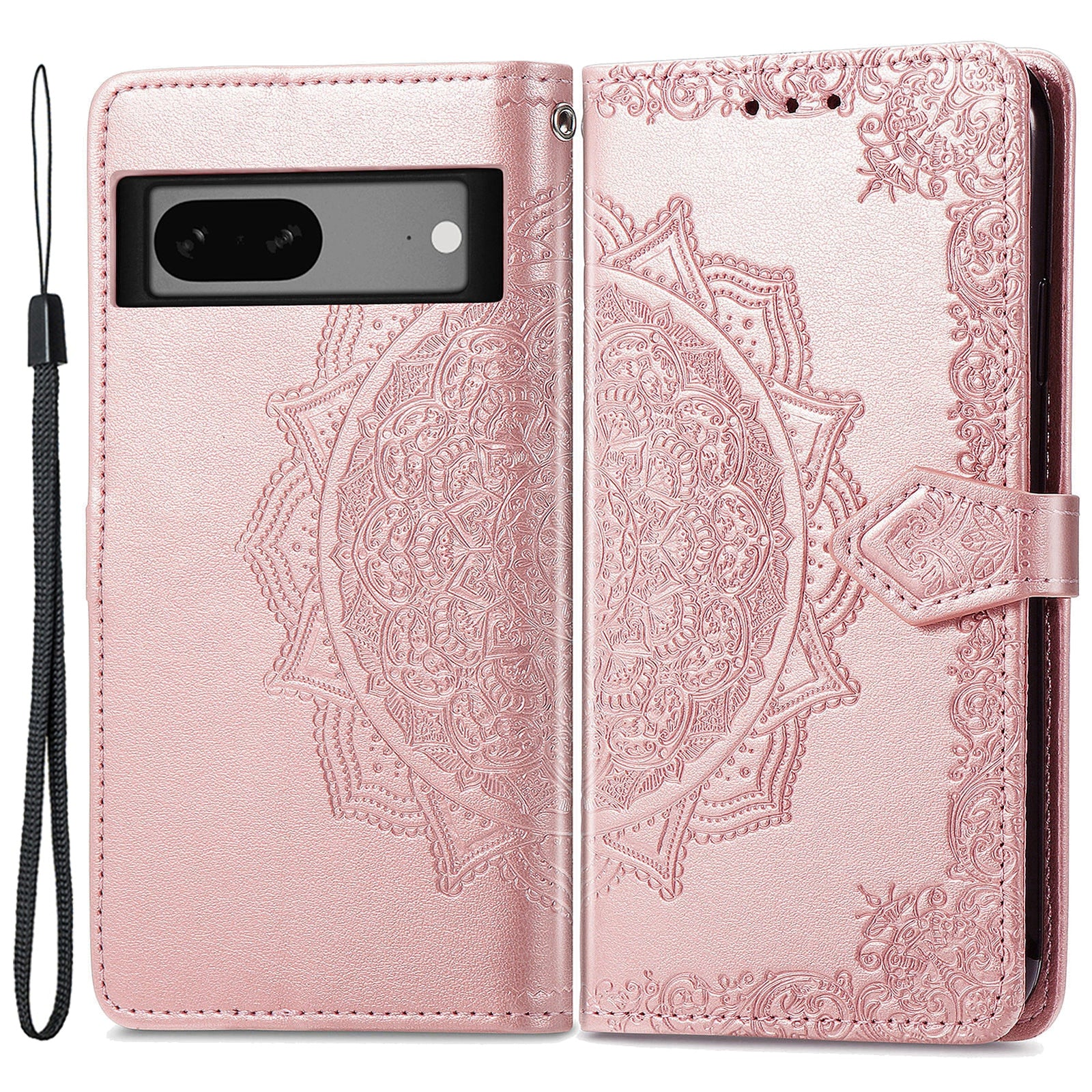 Anti-fall Phone Cover For Google Pixel 7a Magnetic Clasp PU Leather Flip Leather Wallet Case Stand Embossed Mandala Pattern Phone Shell