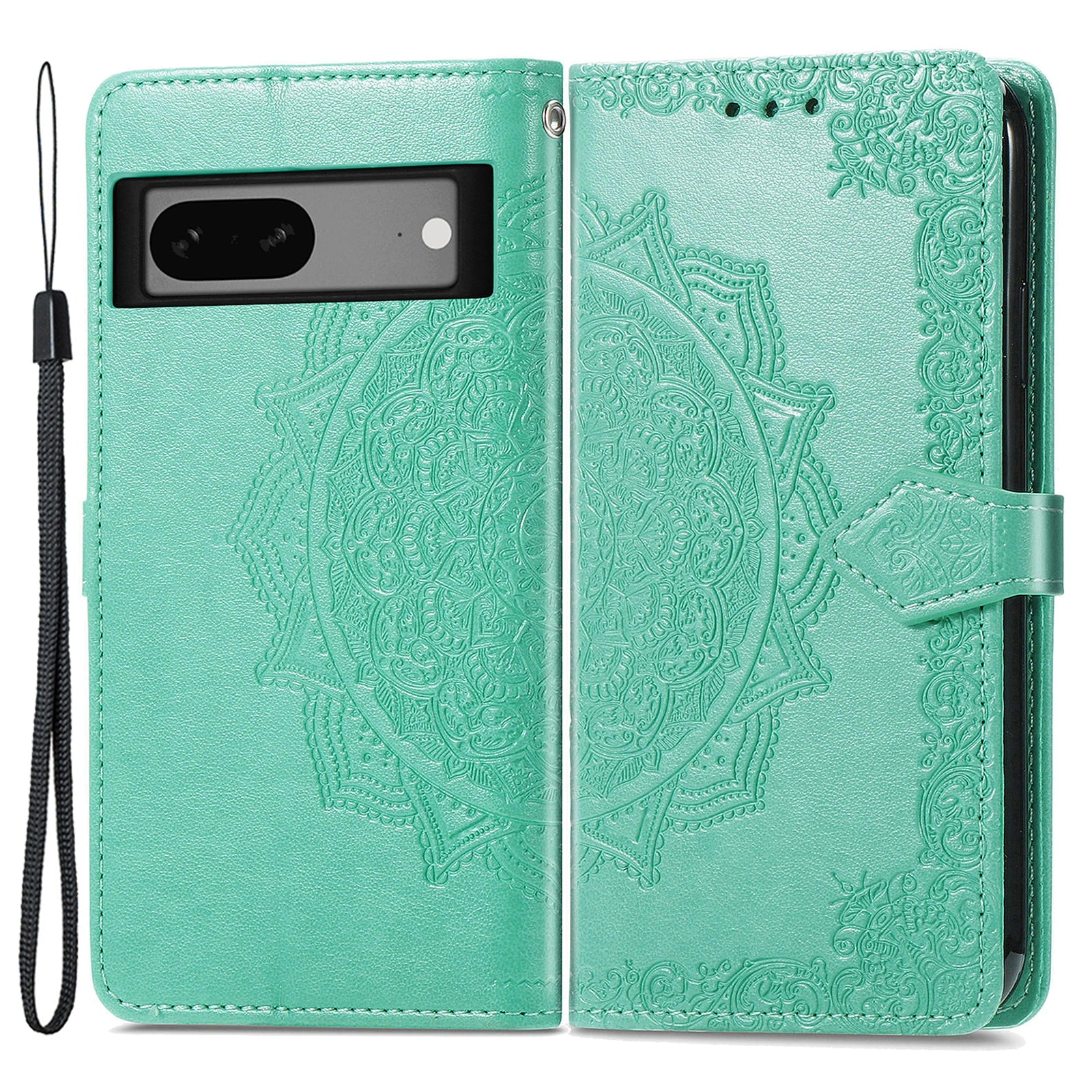 Anti-fall Phone Cover For Google Pixel 7a Magnetic Clasp PU Leather Flip Leather Wallet Case Stand Embossed Mandala Pattern Phone Shell