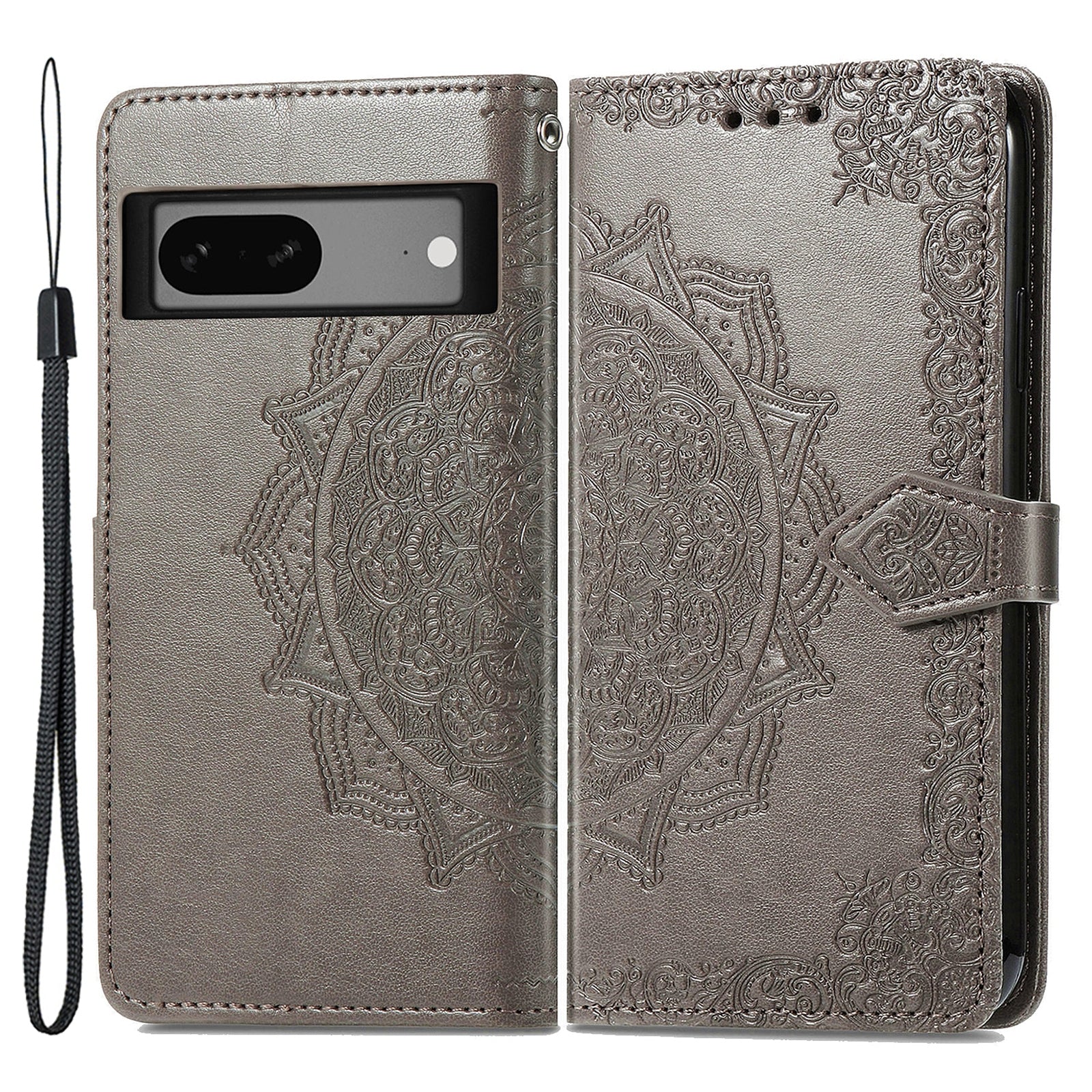 Anti-fall Phone Cover For Google Pixel 7a Magnetic Clasp PU Leather Flip Leather Wallet Case Stand Embossed Mandala Pattern Phone Shell