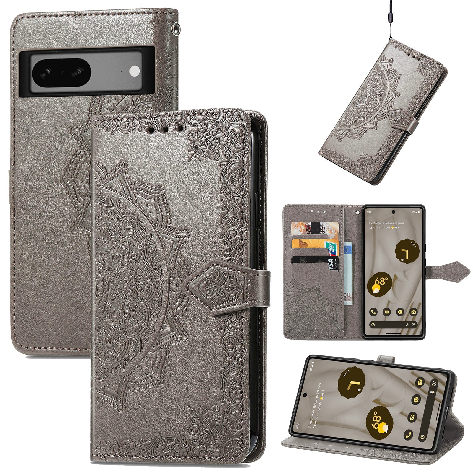 Anti-fall Phone Cover For Google Pixel 7a Magnetic Clasp PU Leather Flip Leather Wallet Case Stand Embossed Mandala Pattern Phone Shell