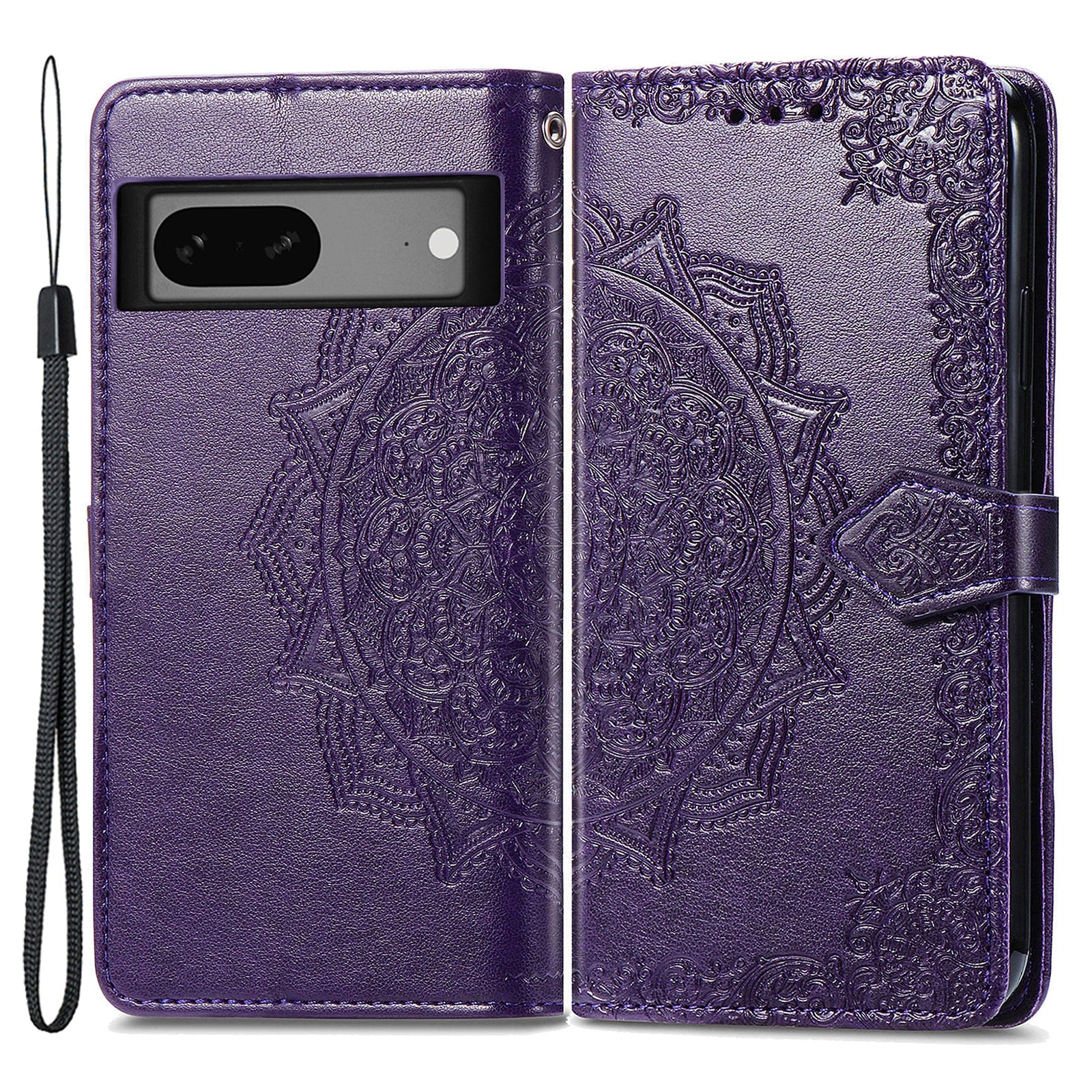 Anti-fall Phone Cover For Google Pixel 7a Magnetic Clasp PU Leather Flip Leather Wallet Case Stand Embossed Mandala Pattern Phone Shell