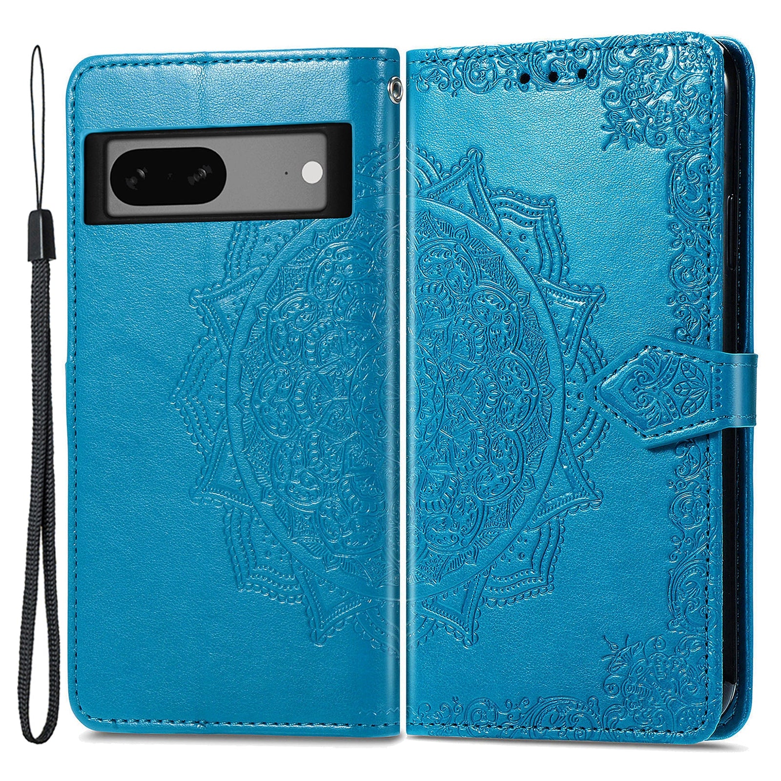 Anti-fall Phone Cover For Google Pixel 7a Magnetic Clasp PU Leather Flip Leather Wallet Case Stand Embossed Mandala Pattern Phone Shell