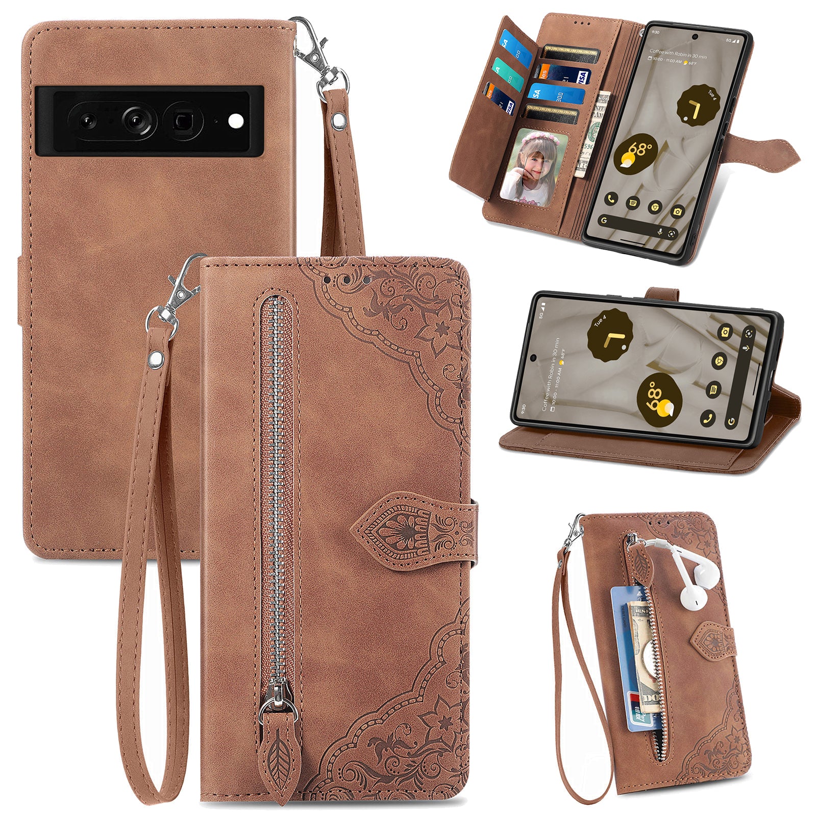 Protective Phone Cover For Google Pixel 7a Flower Imprinted Pattern PU Leather Zipper Pocket Drop-proof Phone Case with Wallet Stand