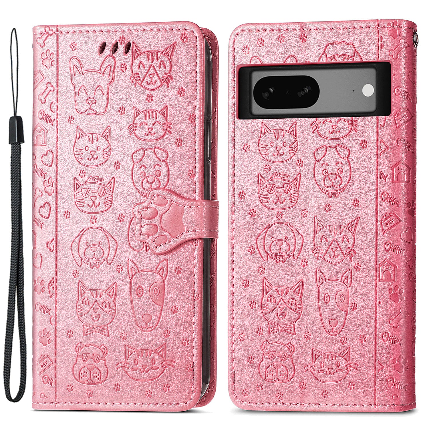 For Google Pixel 7a 5G PU Leather Wallet Cover Imprinted Cat Dog Pattern Drop Protection Phone Stand Case