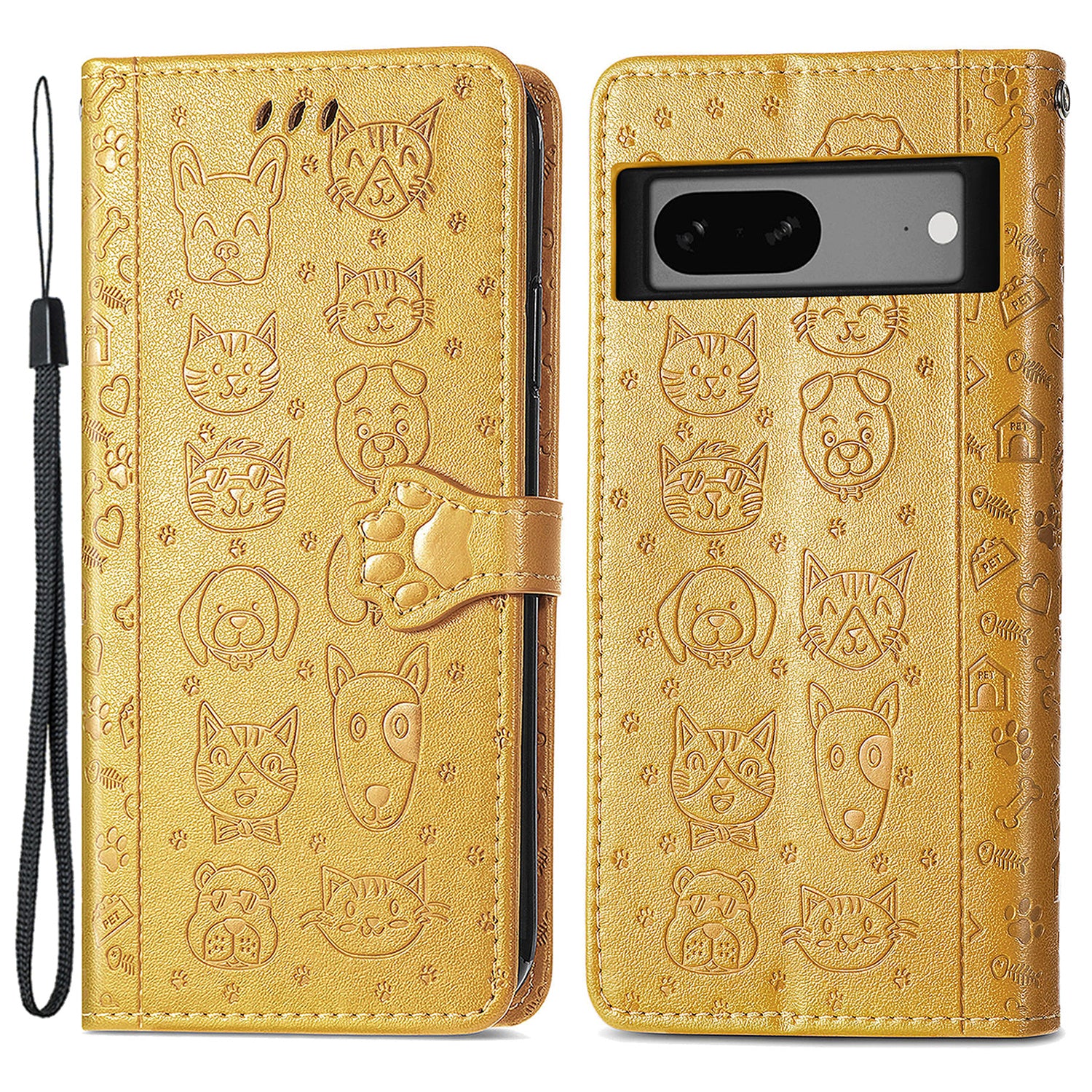 For Google Pixel 7a 5G PU Leather Wallet Cover Imprinted Cat Dog Pattern Drop Protection Phone Stand Case