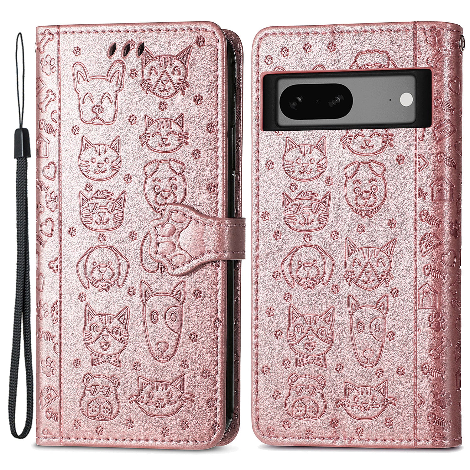 For Google Pixel 7a 5G PU Leather Wallet Cover Imprinted Cat Dog Pattern Drop Protection Phone Stand Case