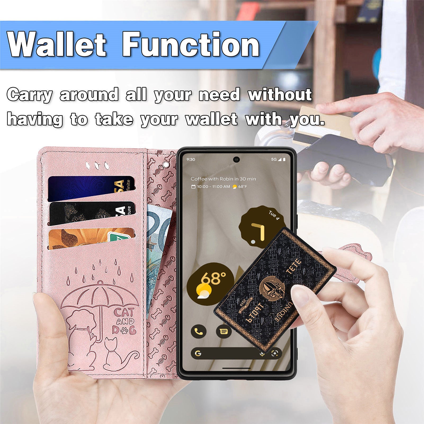 For Google Pixel 7a 5G PU Leather Wallet Cover Imprinted Cat Dog Pattern Drop Protection Phone Stand Case